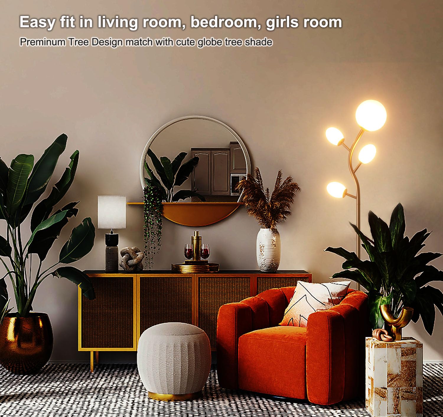 Fiqevs Globe Tree Floor Lamp With 4 Frosted Glass Shade & Led Bulbs, Mid Century Modern Standing Lamp 2700K Warm Light, Vintage