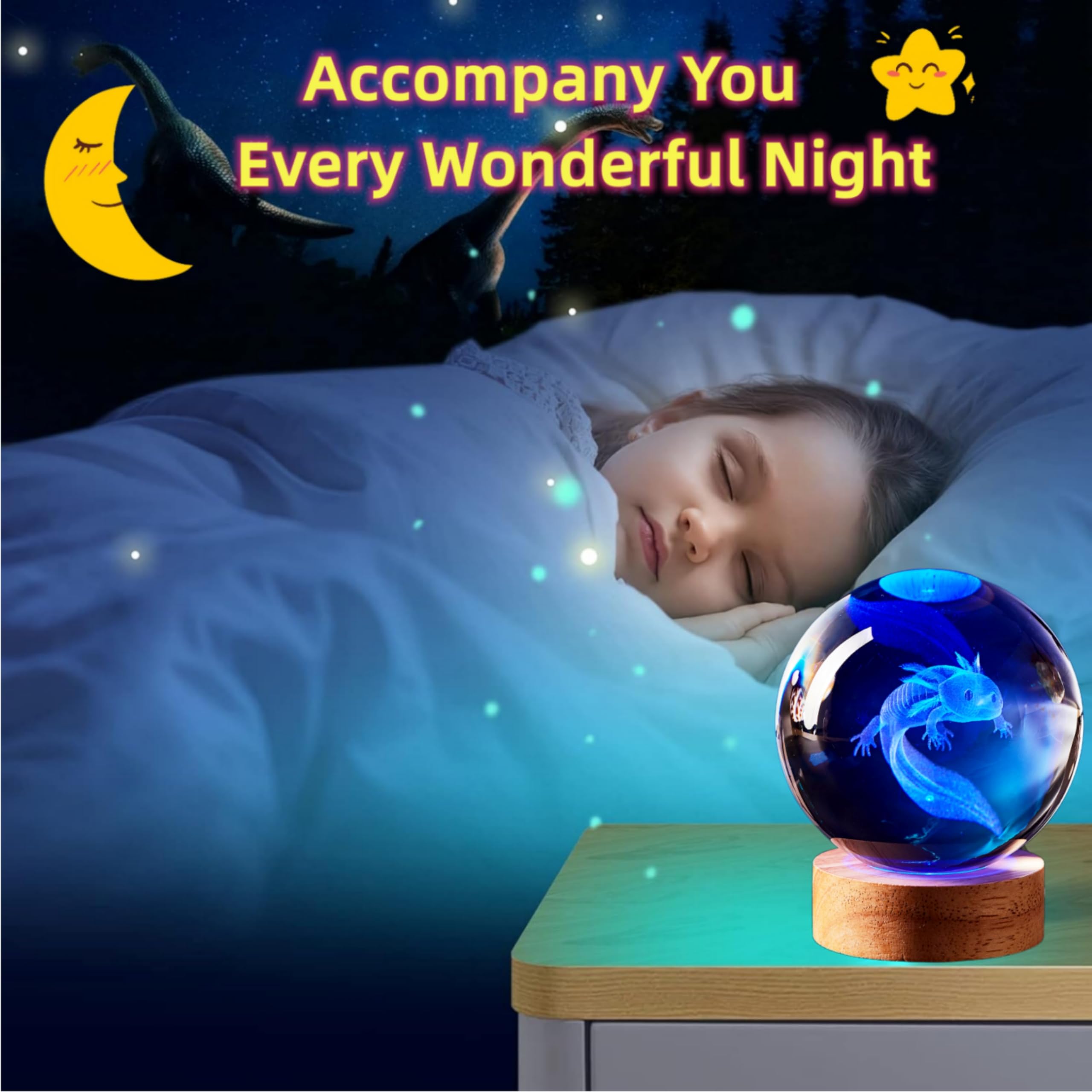 Axolotl Lamp,3.15 Inch Axolotl Crystal Ball Lamp,Upgraded 3D K9 Axolotl Crystal Ball Night Light With Wooden Base,16 Colors Chan