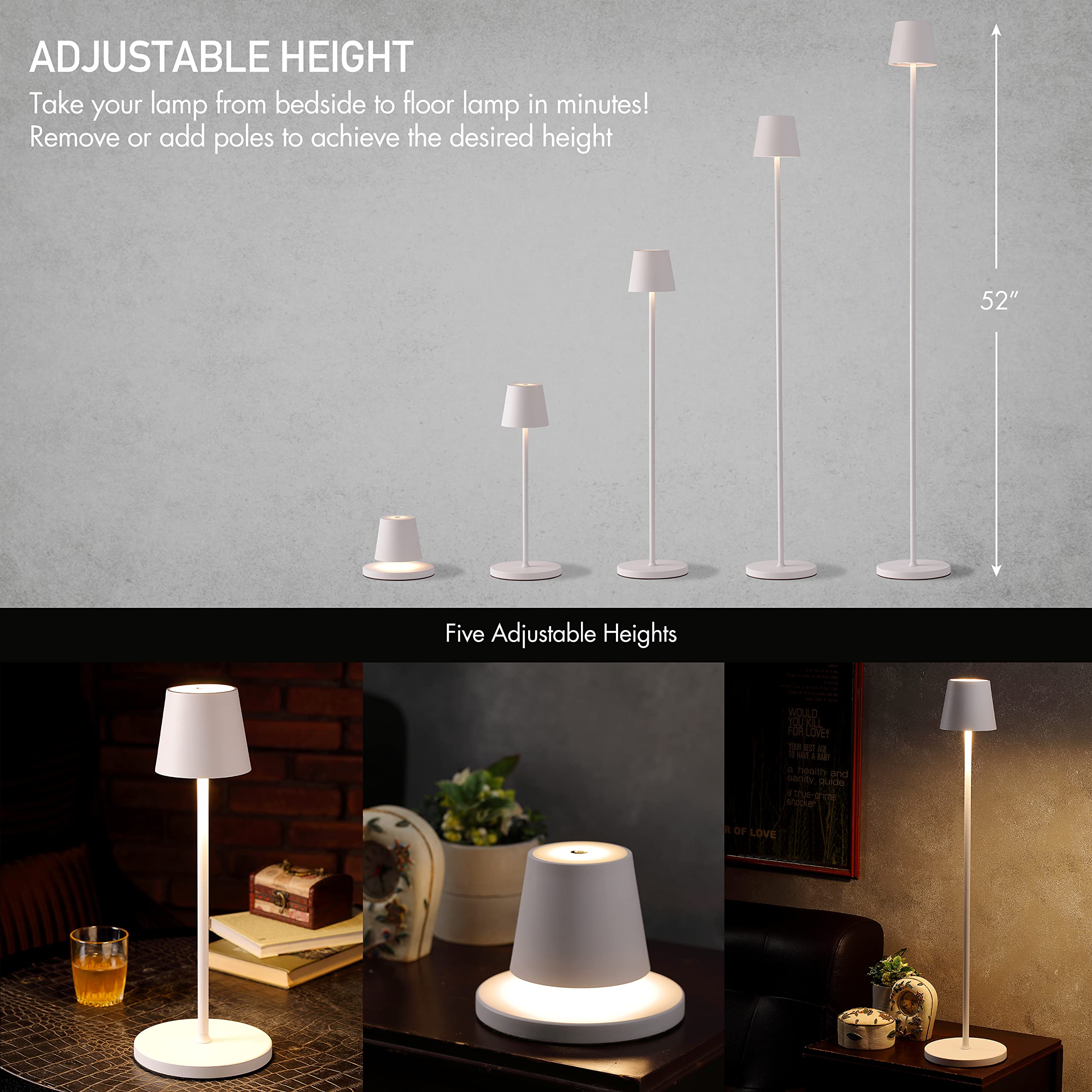 O'Bright Sandy Cordless LED Floor Lamp - Adjustable Height, Dimmable, Water Resistant, White, Model OB-FL21B for Indoor/Outdoor Use