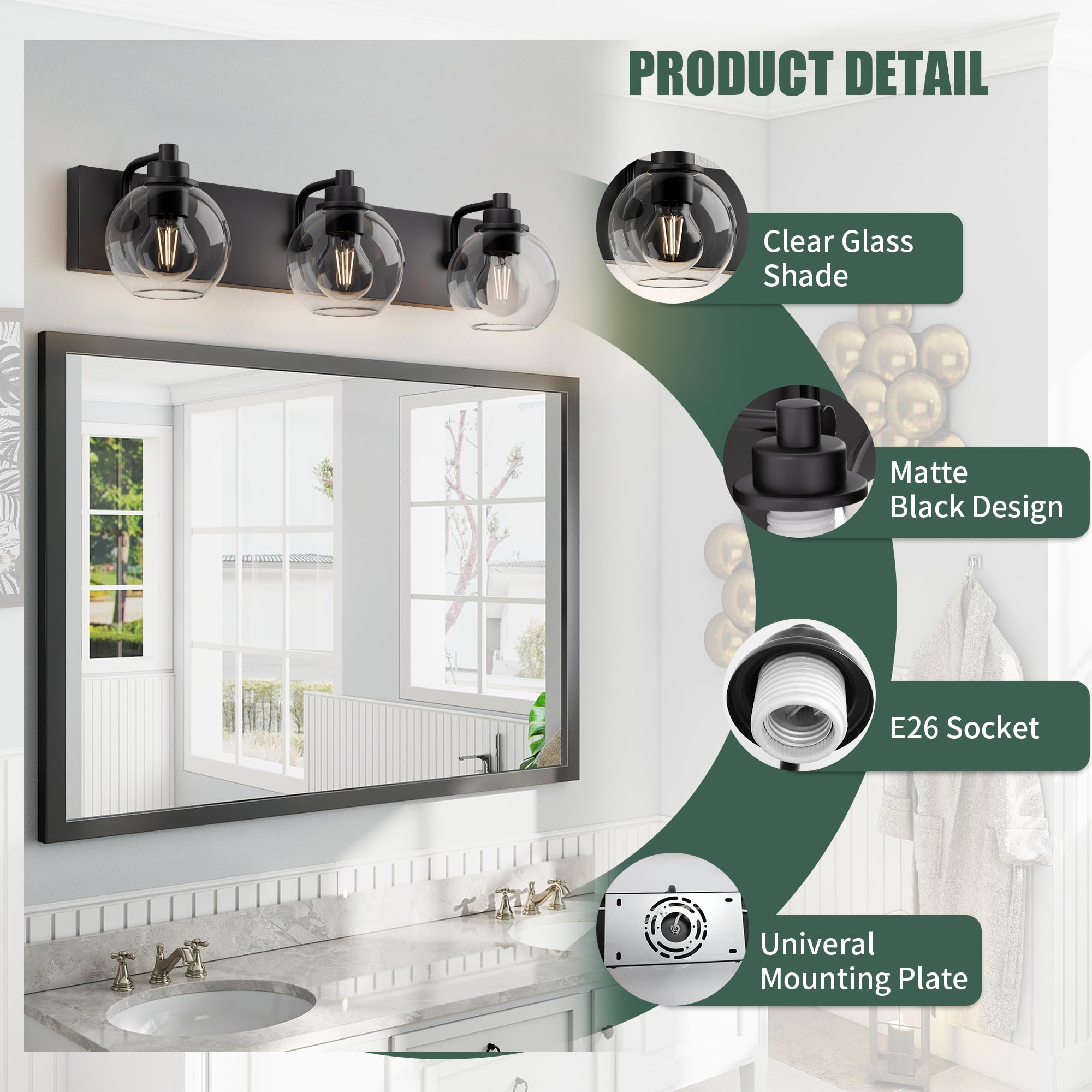 Espird 3-Light Matte Black Bathroom Vanity Light Fixtures, Modern Metal Over Mirror with Clear Glass Shade, Model L39-3-BK