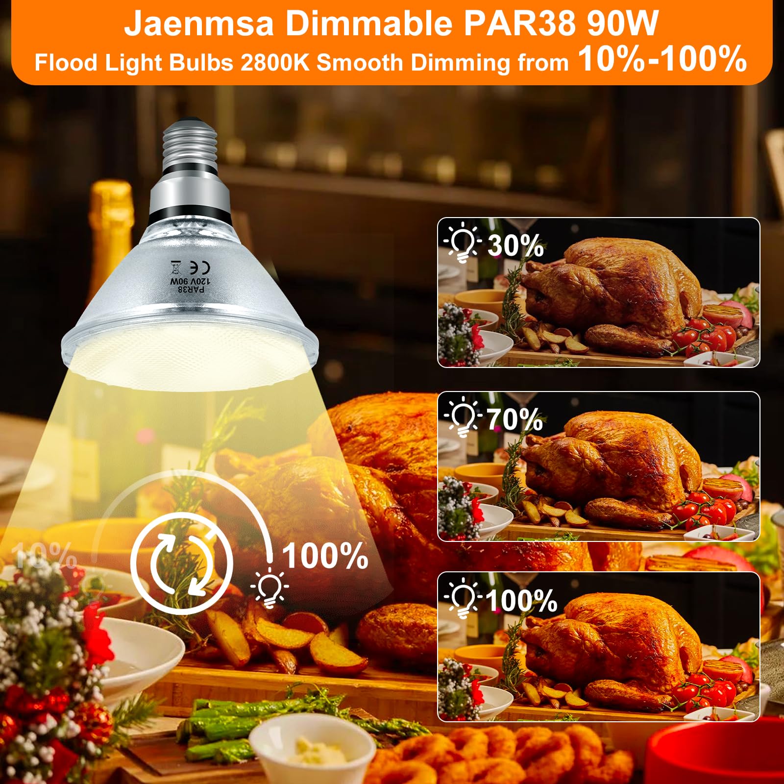Jaenmsa 90W Halogen Floodlight Bulbs, Dimmable PAR38, Warm White 2800K, 2 Pack, E26 Base, Indoor/Outdoor Lighting