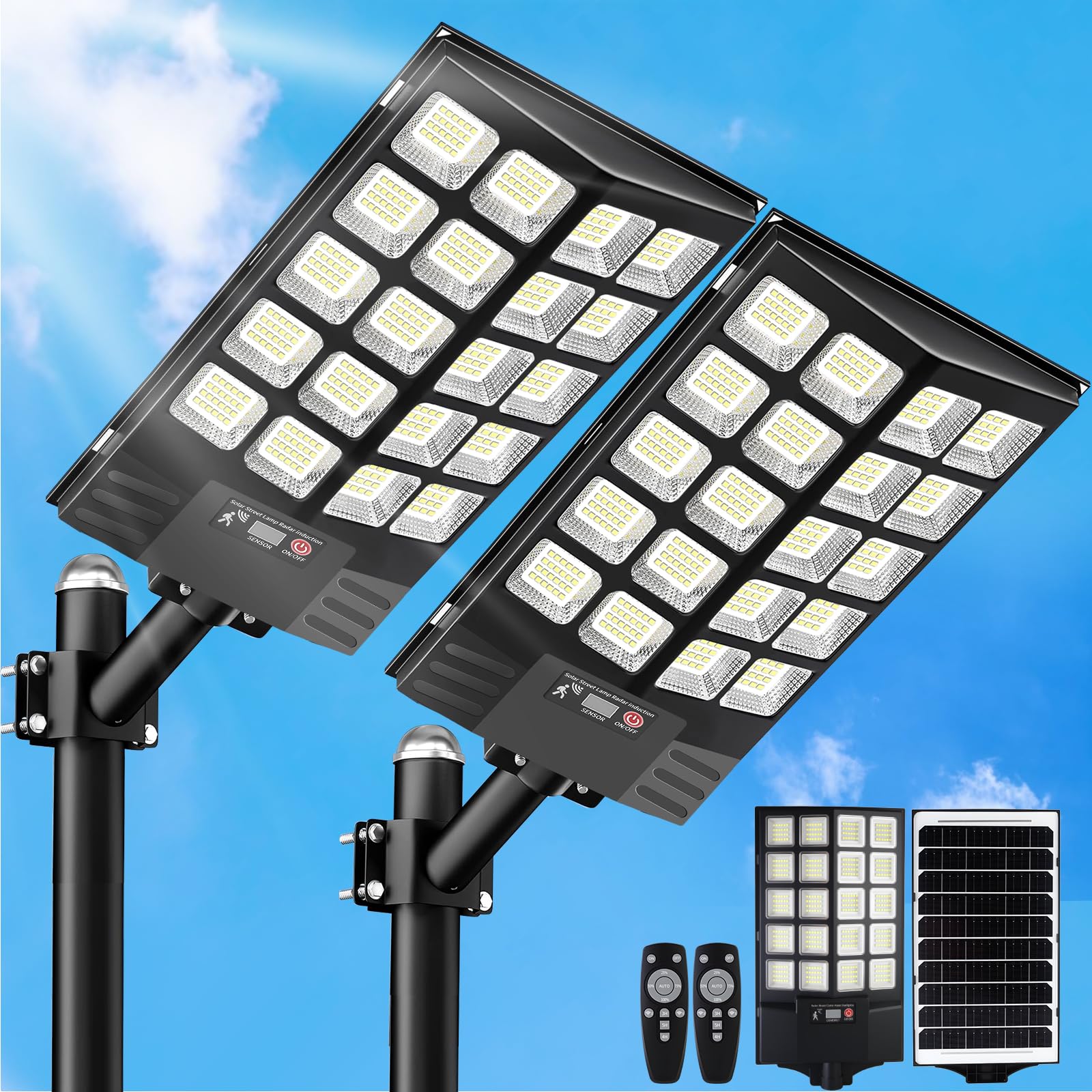 2 Pack 16 Large Solar Street Lights Outdoor Waterproof - Solar Powered Security Parking Lot Light Dusk to Dawn 60000LM Motion Sensor Commercial LED Solar Flood Lights Remote Control for Outside Yard