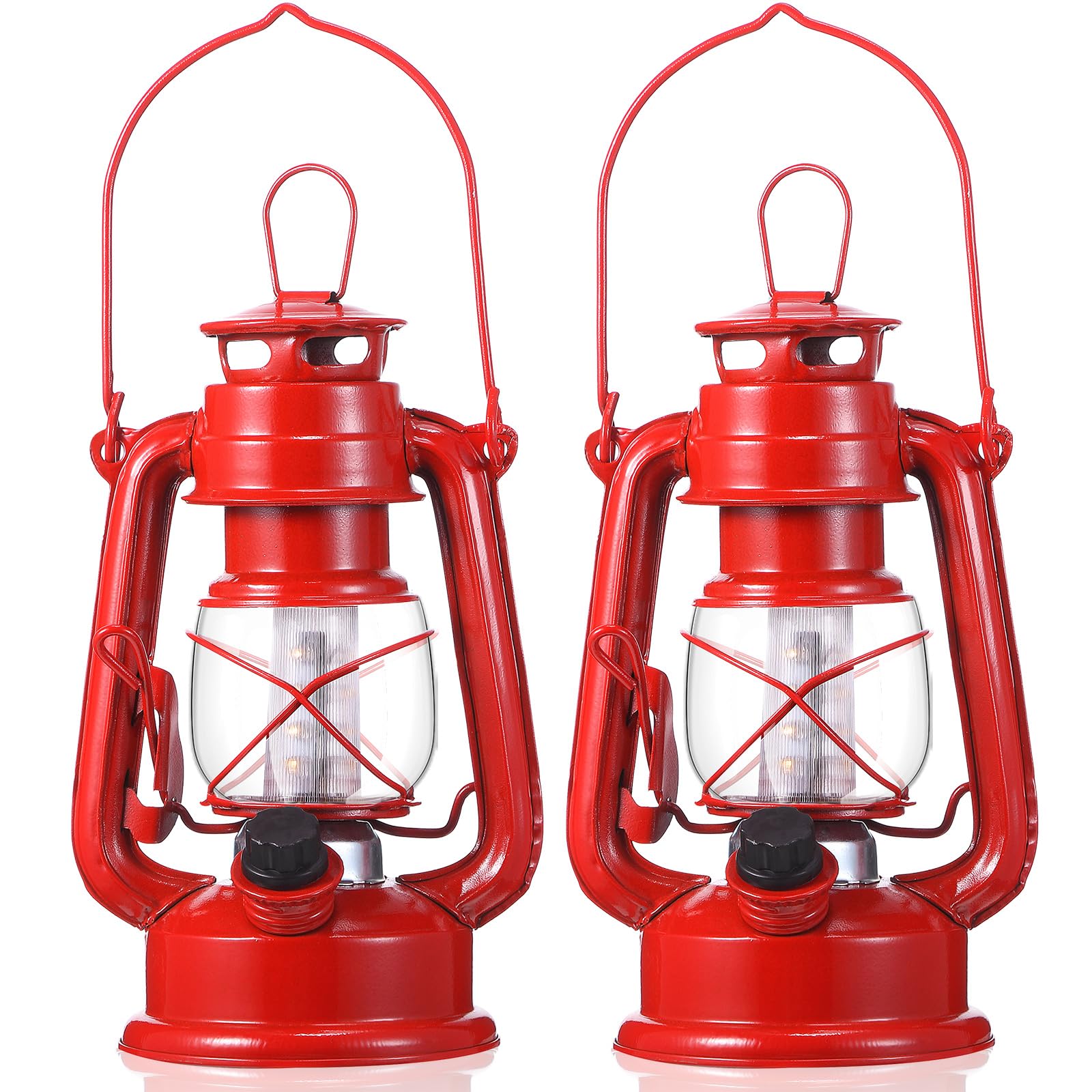 Hortsun 2 Pcs 8 Inch Vintage LED Hurricane Lantern Metal Red Outdoor Battery Operated Hanging Lantern with Warm LEDs and Dimmer 