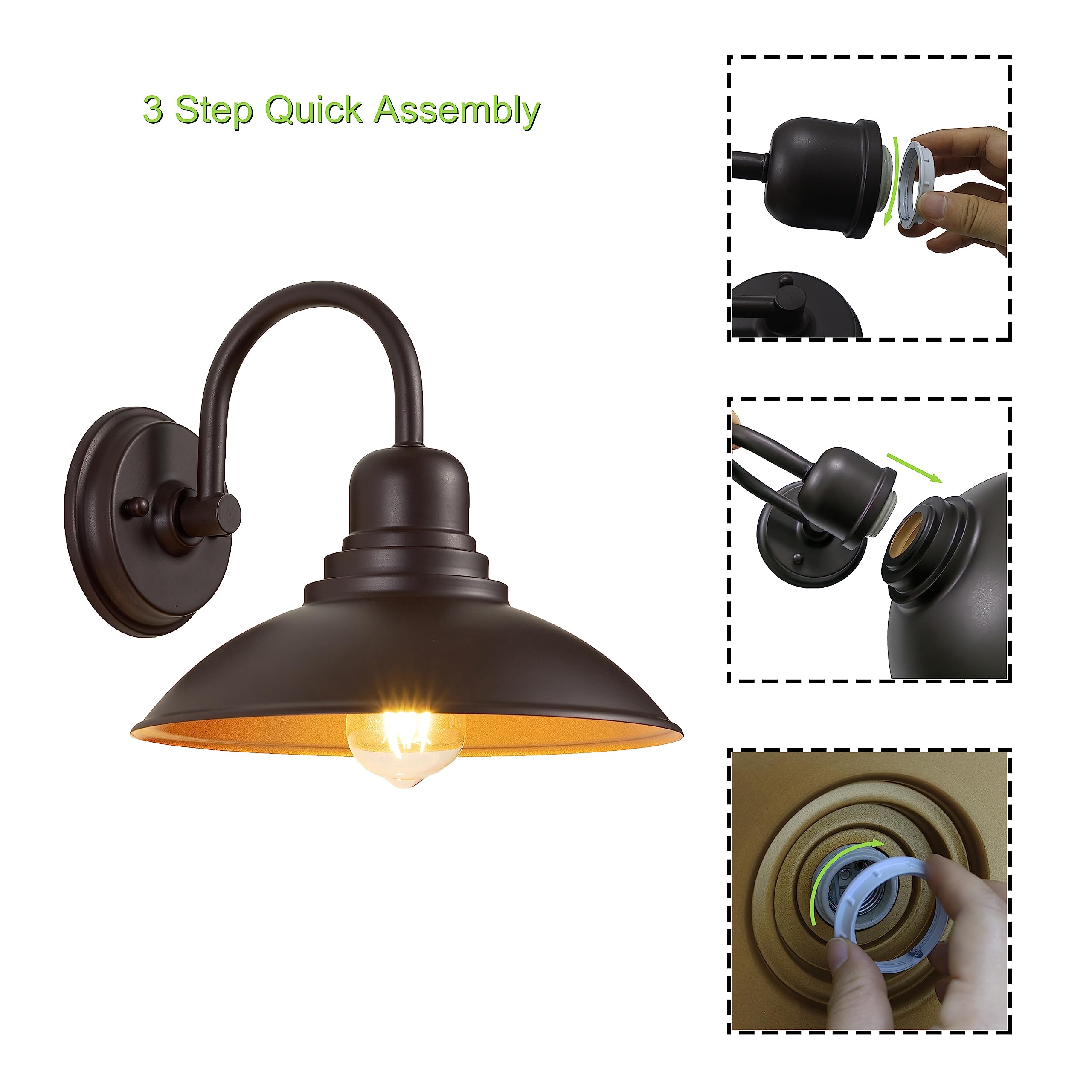 Goldhill Oil Rubbed Bronze Barn Style Vanity Light Fixture, Exterior Farmhouse Gooseneck Barn Light With E26 Based Socket, Waterproof Round Outdoor Farmhouse Lights For House Garage Bathroom