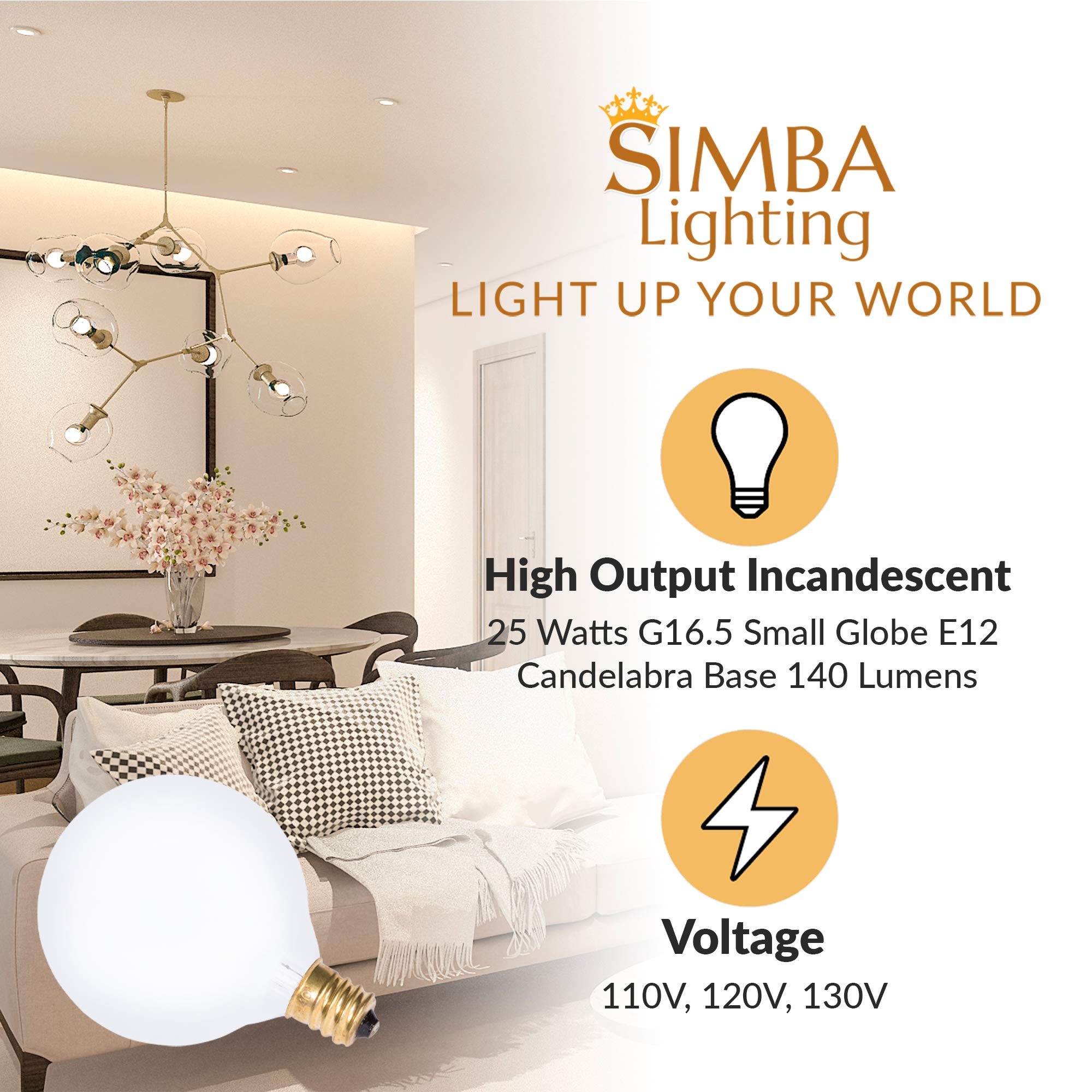 Simba Lighting Small Globe G16.5 Round Bulb 25W E12 Candelabra Base (10 Pack) For Chandelier, Ceiling Fan, Decorative Vanity Lig