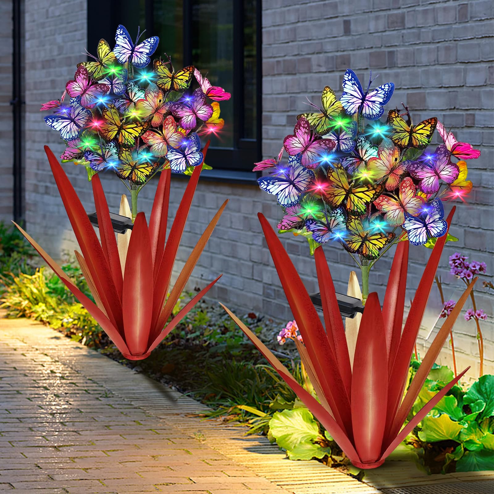 Homight Solar Metal Agave Butterfly Flower Stick Garden Sculpture Outdoor Gift Solar Garden Christmas Lights Swaying Butterfly Garden Lights Solar Outdoor (2 PCS RED)