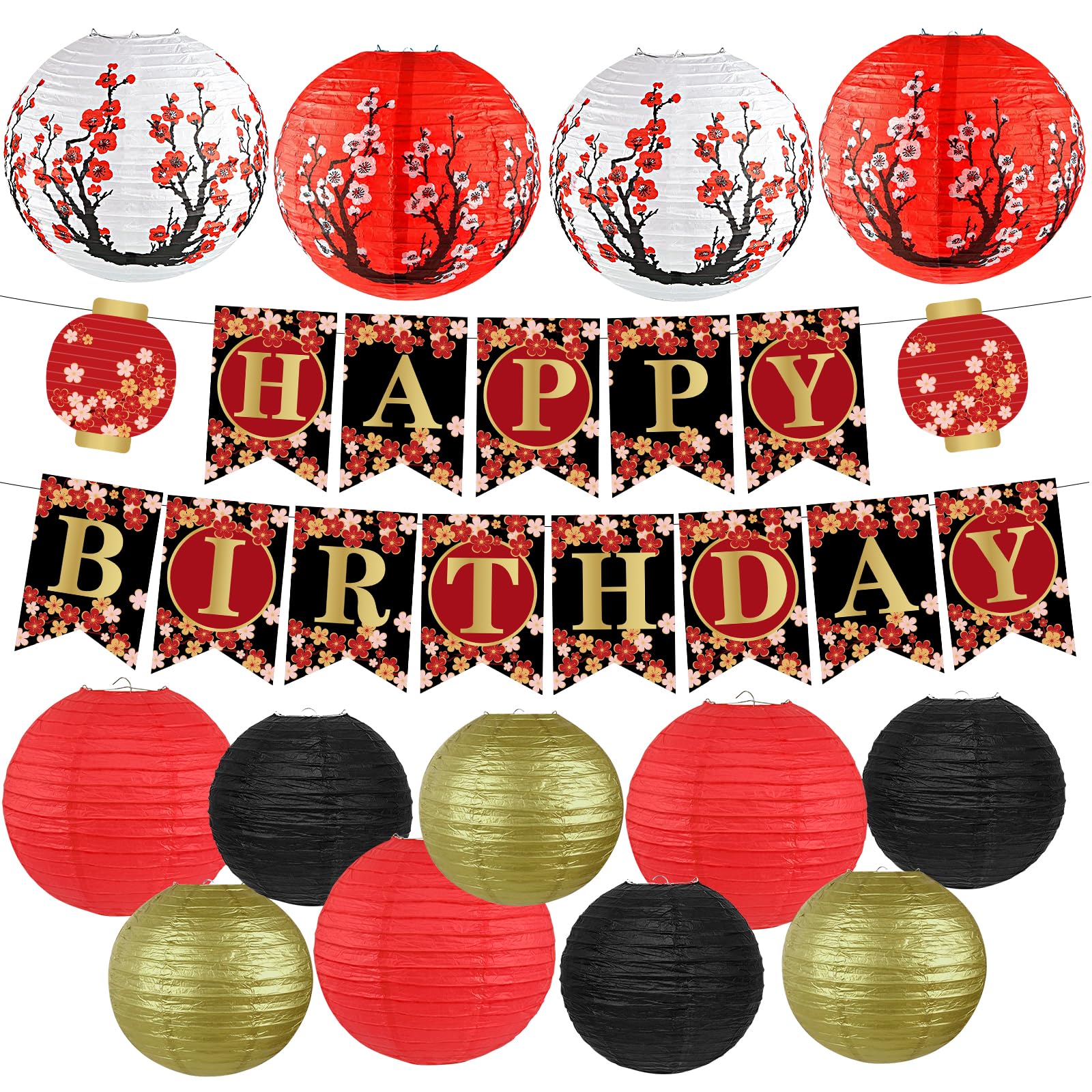 Peywot Hibachi Party Decorations - 14Pcs Round Paper Lanterns, Assorted Sizes 8in 10in 12in, Red, Black, Gold