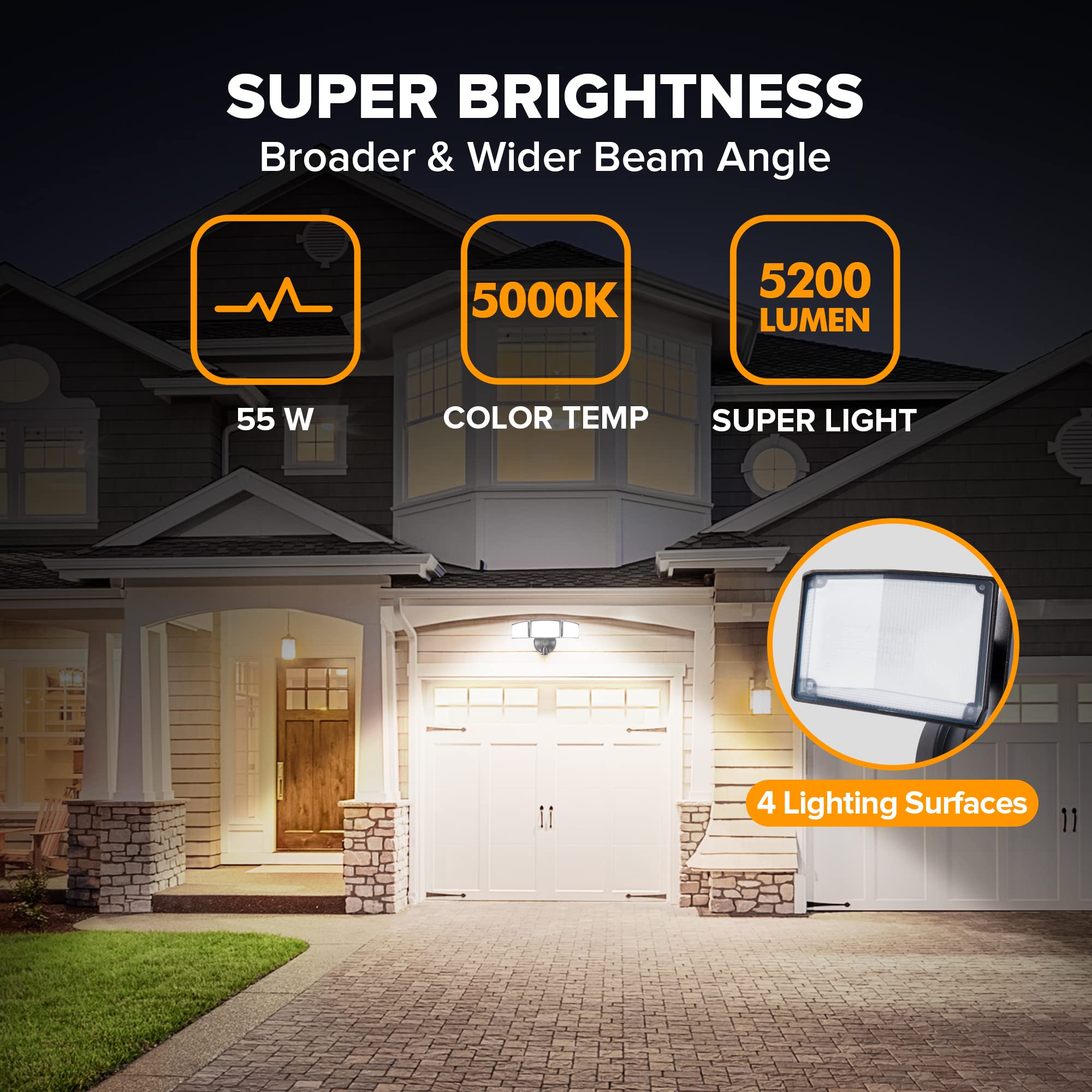 LUTEC 55W LED Flood Light - 5200LM Security Light with 3 Adjustable Heads, IP65 Waterproof, 5000K, Black, Model 7632802012