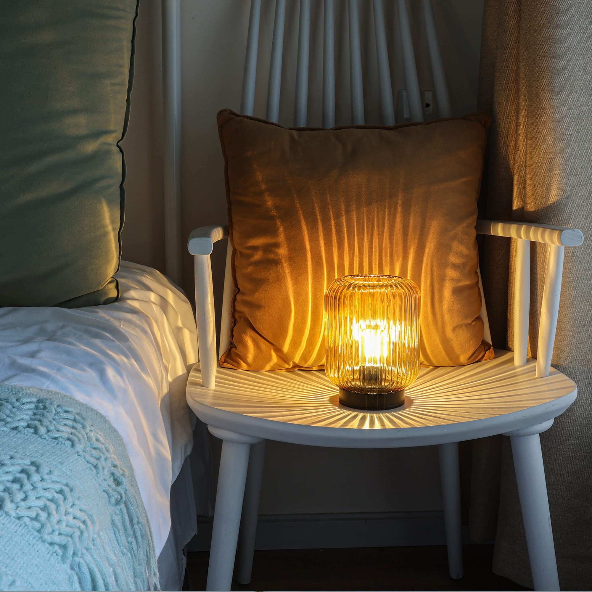LUSHARBOR Battery Operated Table Lamp, LED Nightlight, Decorative Glass, Gold
