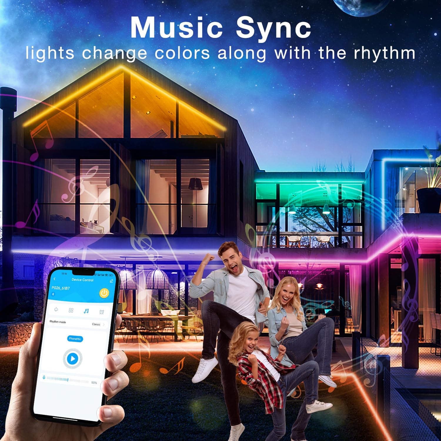 DAYBETTER Outdoor LED Strip Lights, 200ft IP67 Waterproof, Multicolor, App Control, Music Sync, Model TTGA002