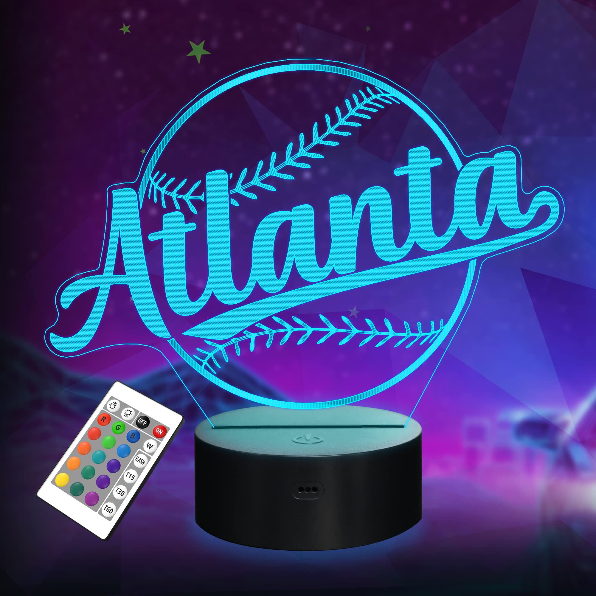 Lightzz 3D Illusion Baseball Night Light - Remote Control, 16 Colors, Acrylic Decor, Kids Room, Atlanta Model FS-xxxyyy