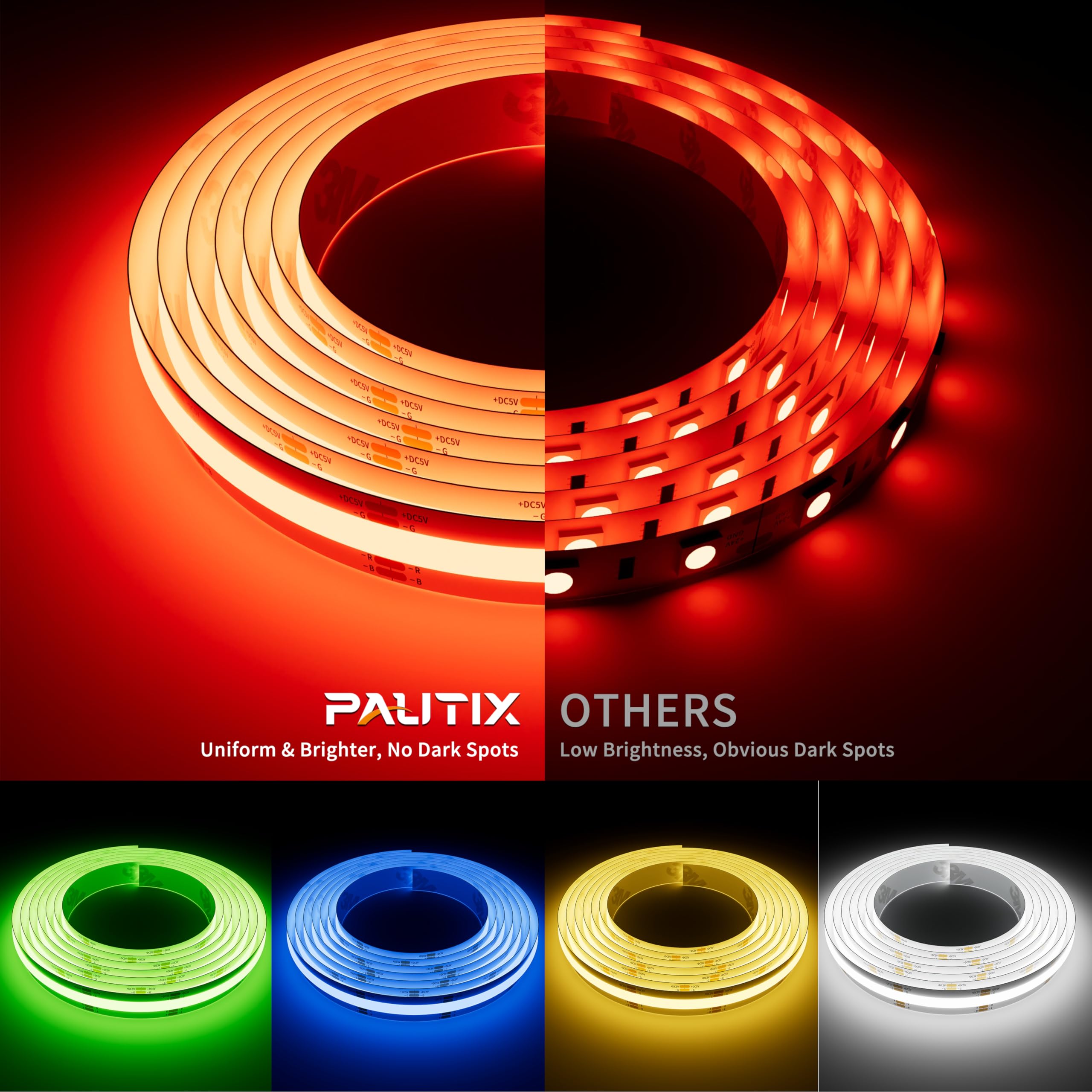 Pautix 5V Usb Rgb Cob Led Strip Light 4.92Ft/1.5M Color Changing Strip Lights,Tv Backlight Multicolor Flexible Under Cabinet Tap