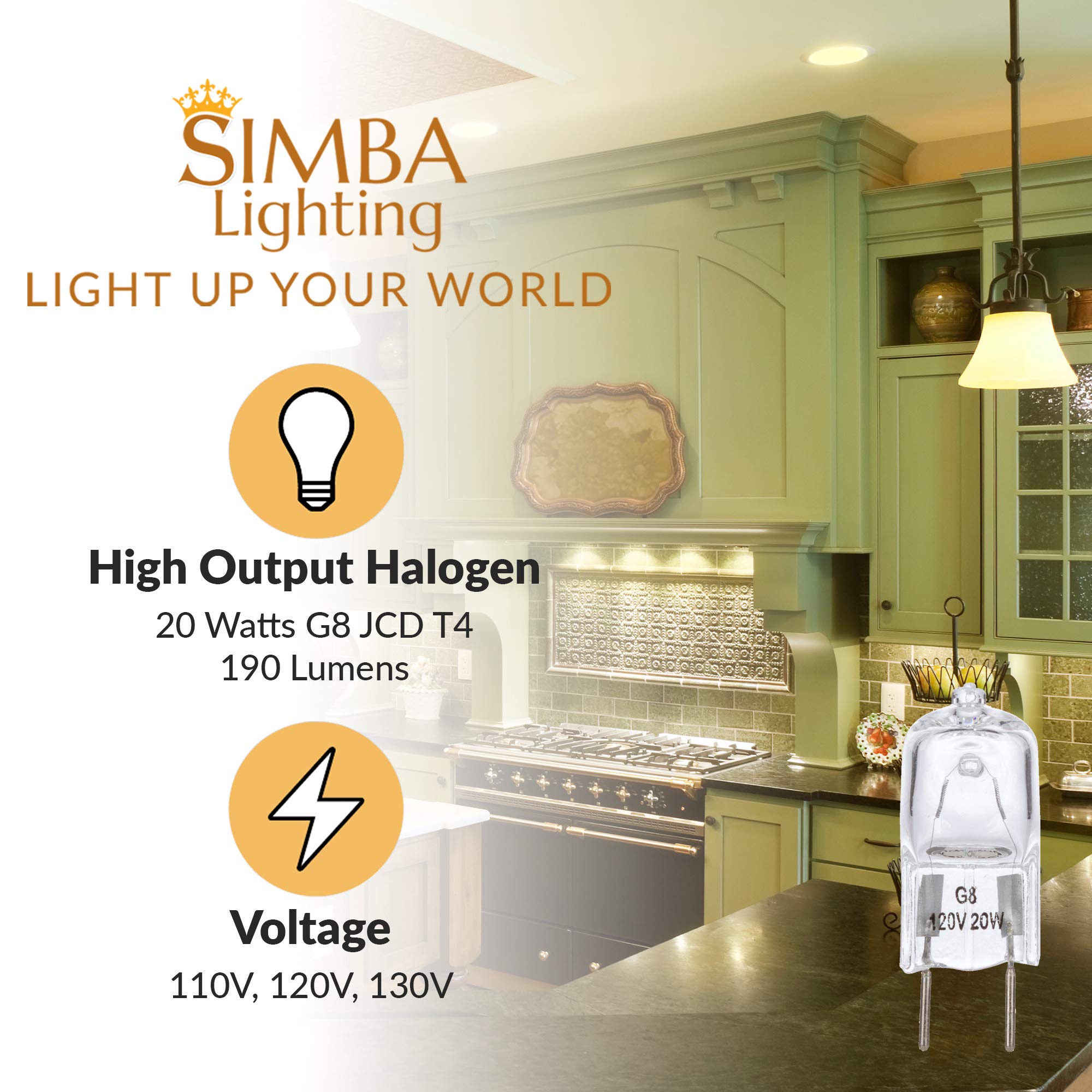 Simba Lighting G8 T4 Halogen Light Bulb 20W JCD Bi-Pin, 10 Pack, 1-3/8" Length, 2700K Warm White,