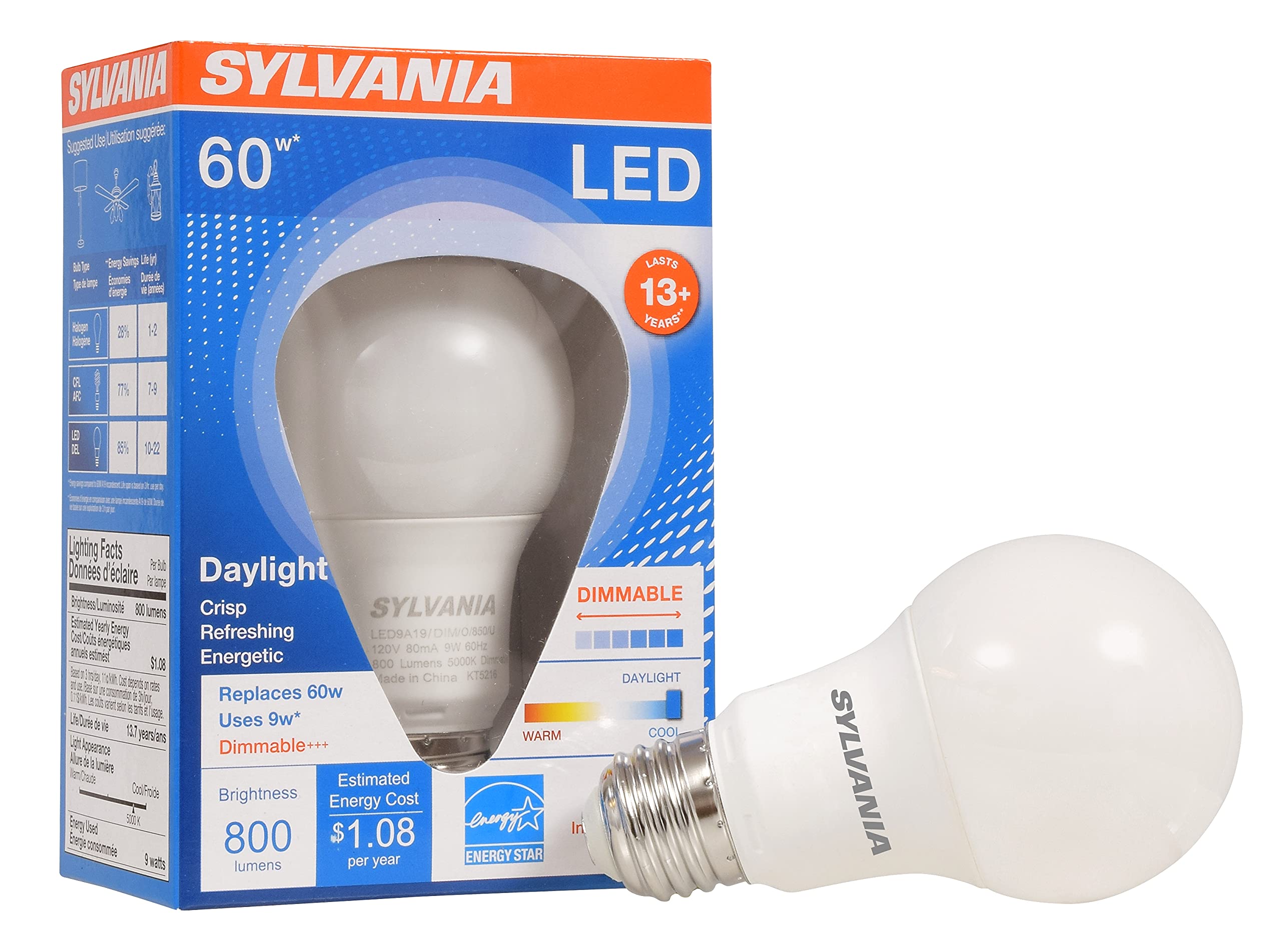 Sylvania A19 Led Light Bulb, 9W, 60W Equivalent, 13 Year, Dimmable, 800 Lumens, 5000K, Daylight - 1 Pack (78066)