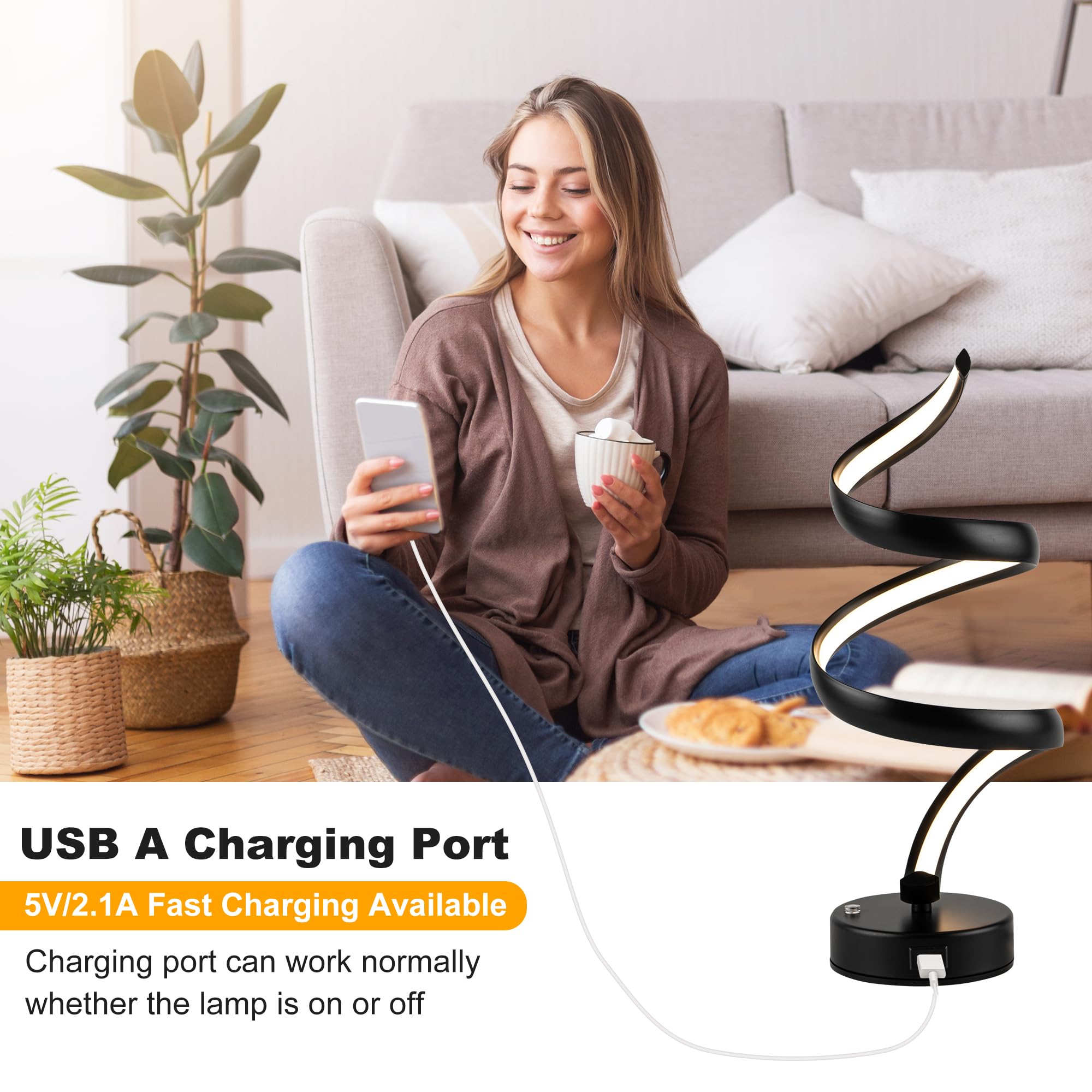 Adebime Spiral Led Lamp - Touch-Controlled Dimmable Table Light, Warm White For Bedrooms, Living Rooms, And Offices, Black