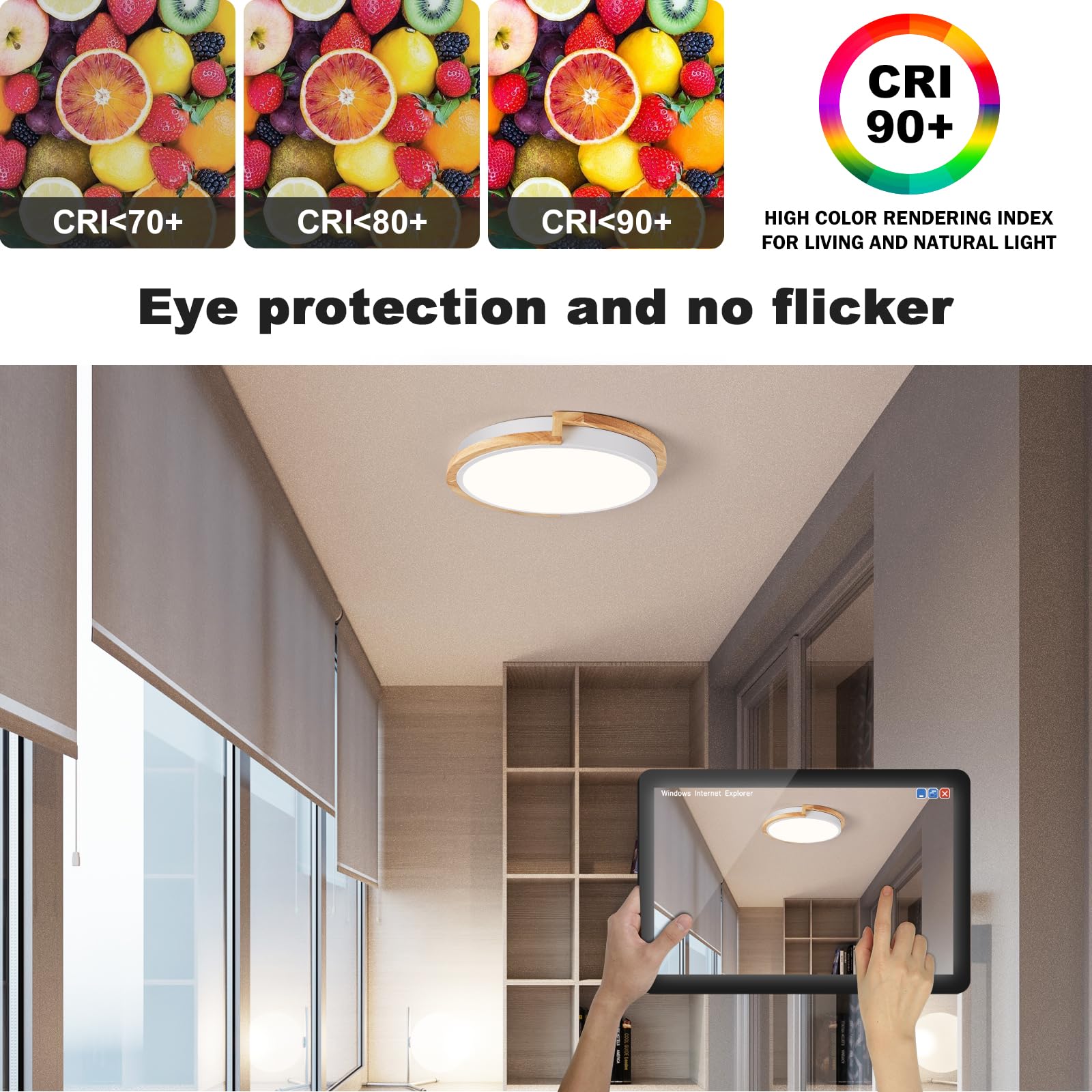 Peblto Modern Led Close To Ceiling Light, Round Shape Flush Mount Ceiling Lighting Fixture, Matte White With Wood Accent, Minima