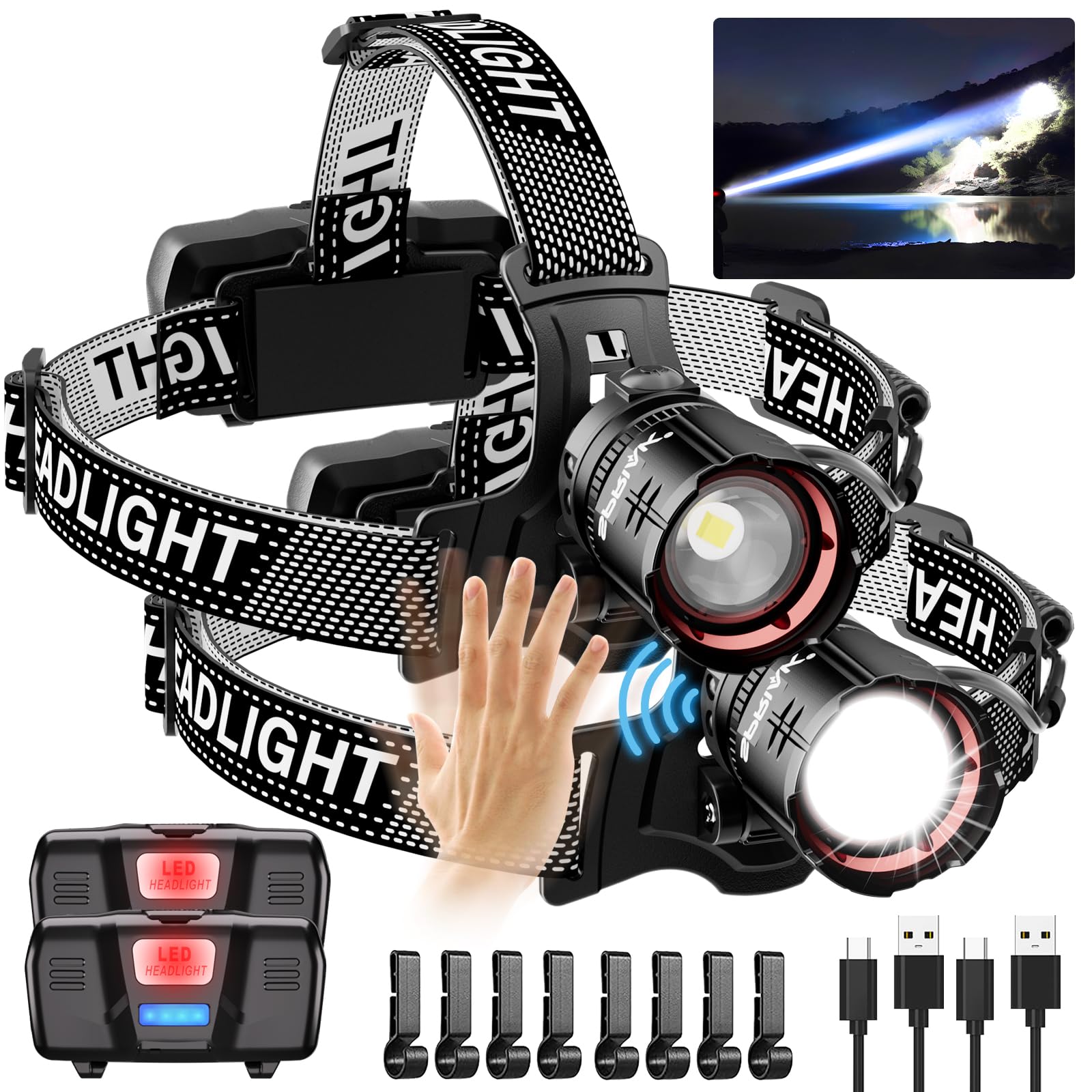Spriak LED Headlamp, USB Rechargeable, 90° Adjustable, 5 Modes, 2 Pack, Black, Model Spriak-H2401-2