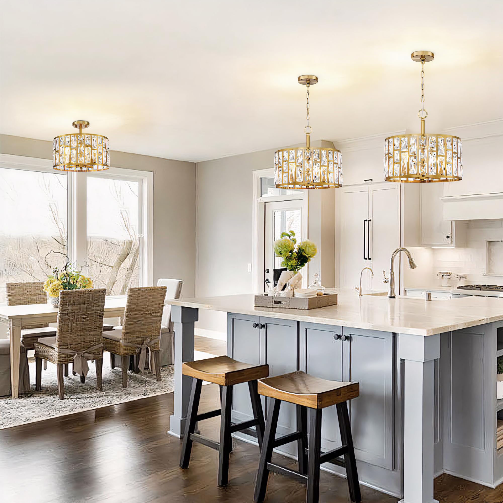 MEXO Farmhouse Crystal Chandelier - Gold 4-Light Pendant, Model 1006CH-GD for Kitchen, Dining, Bedroom, Hallway