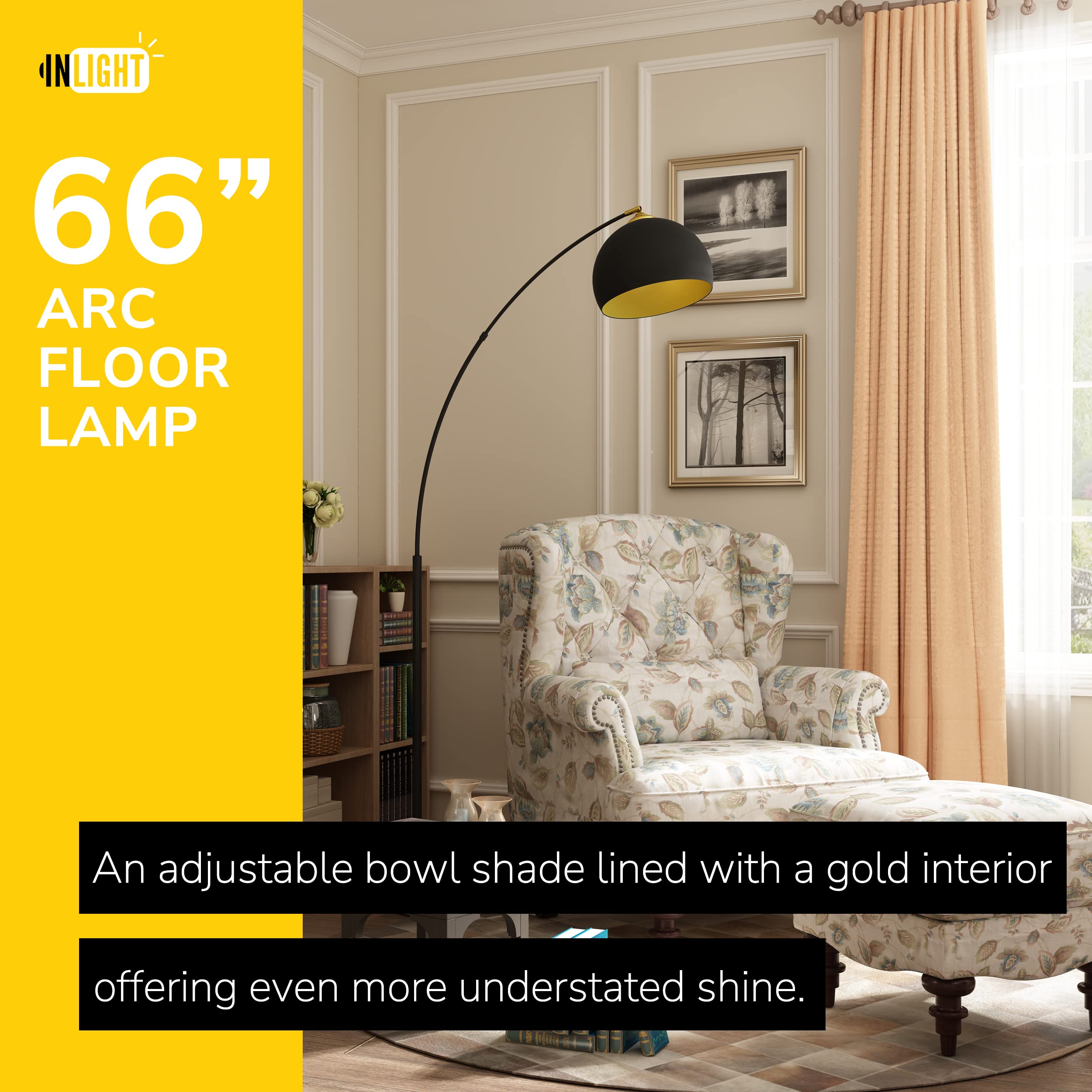 GETINLIGHT 66" Black Metal Arc Floor Lamp with Gold Shade & Marble Base, Model IN-0806-1-BK
