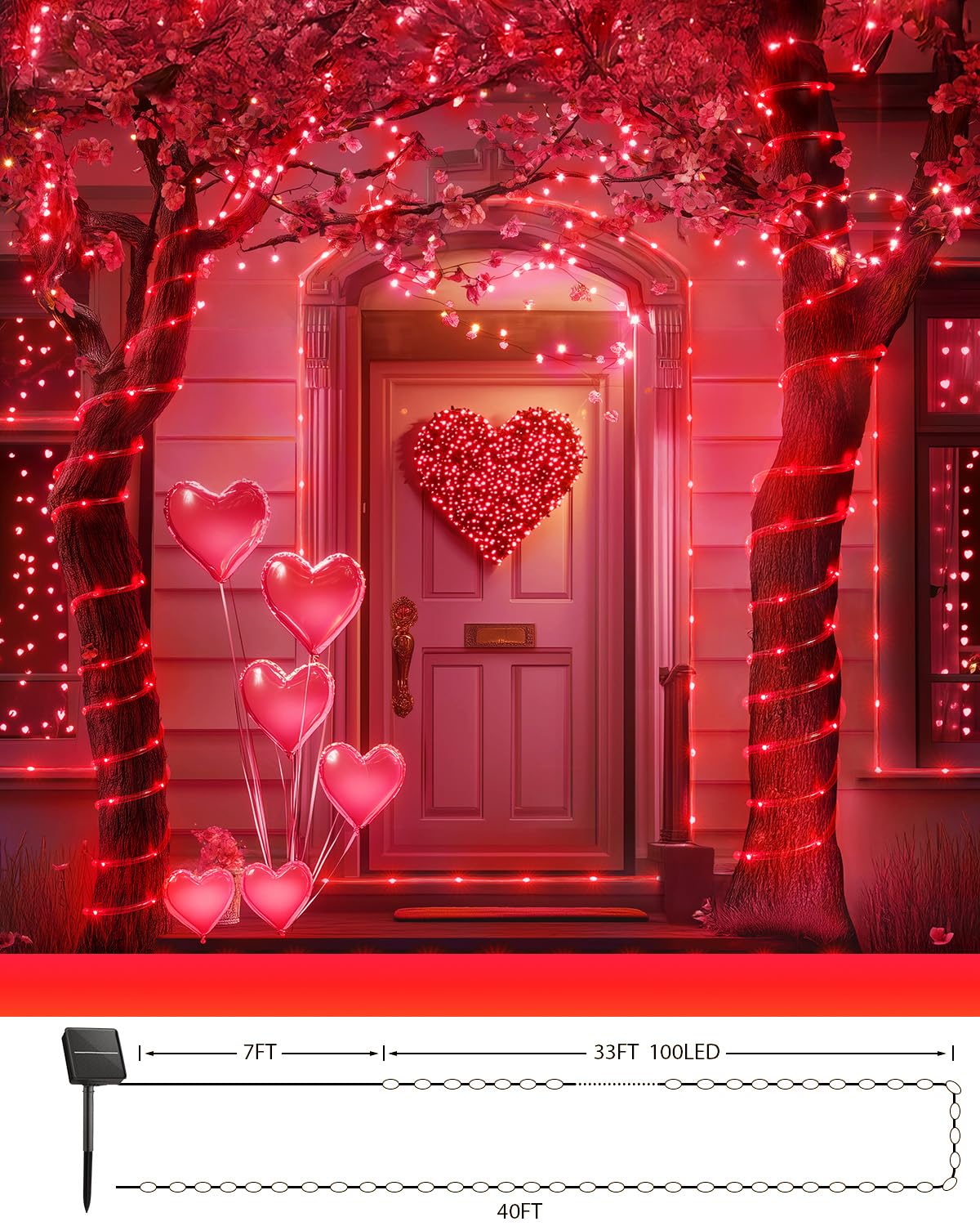 Brightown Solar Valentine String Lights Outdoor Waterproof, 2 Pack Total 78Ft 200 Led Solar Rope Lights With 8 Modes, Ip65 Water