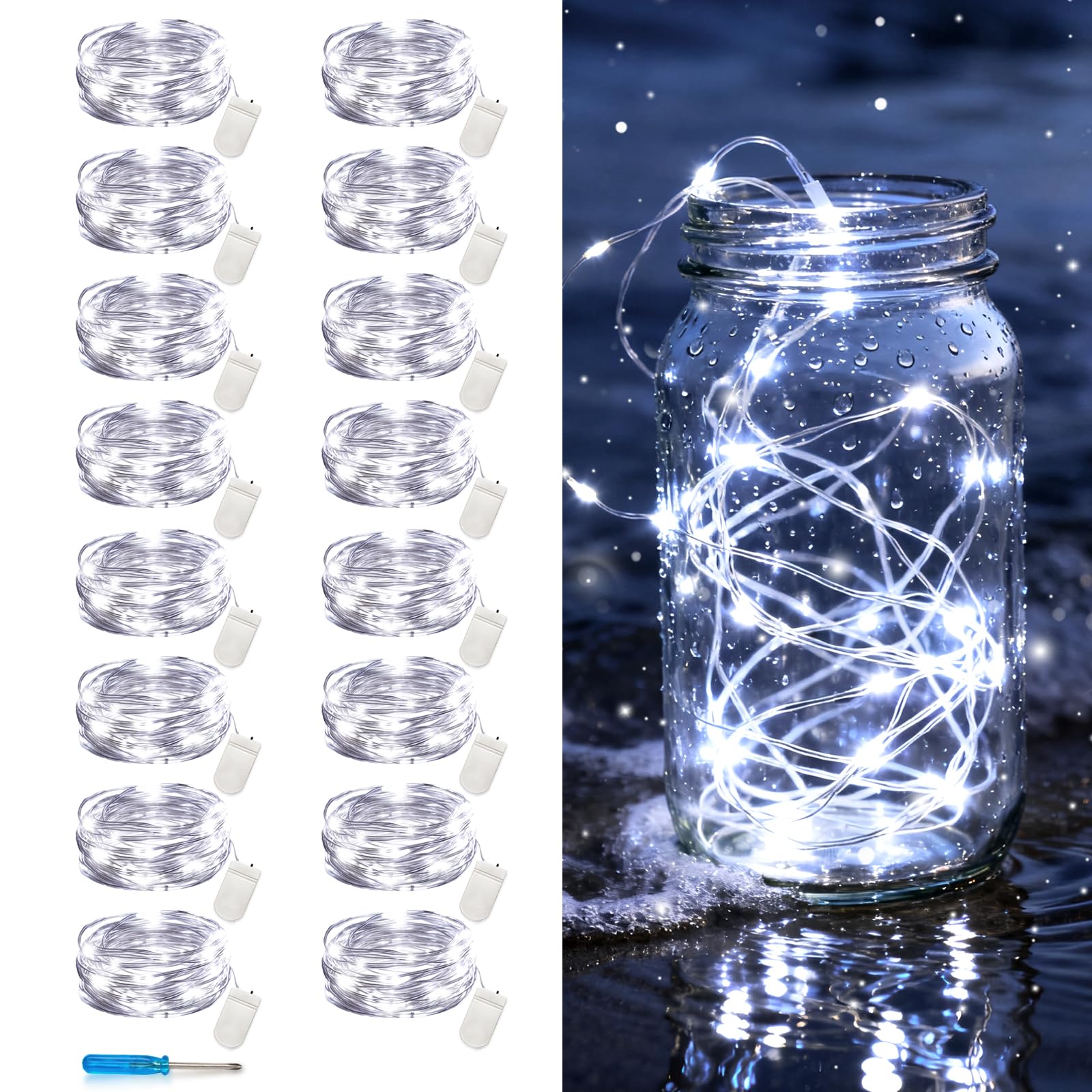 VOOKRY Fairy Lights 10ft 30 LEDs Battery Operated Waterproof Silver Wire Mini String Lights 16 Pack Cool White for Decor