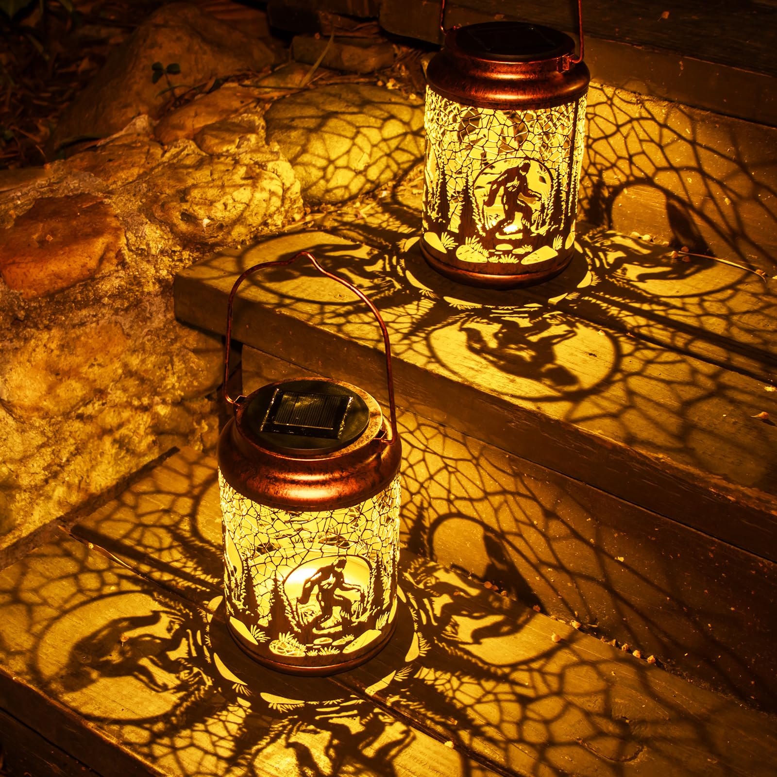 YISITEONE 2 Pack Bigfoot Solar Lanterns, Waterproof Metal Hanging Lights for Garden, Patio, Brown, Model ES04250200008