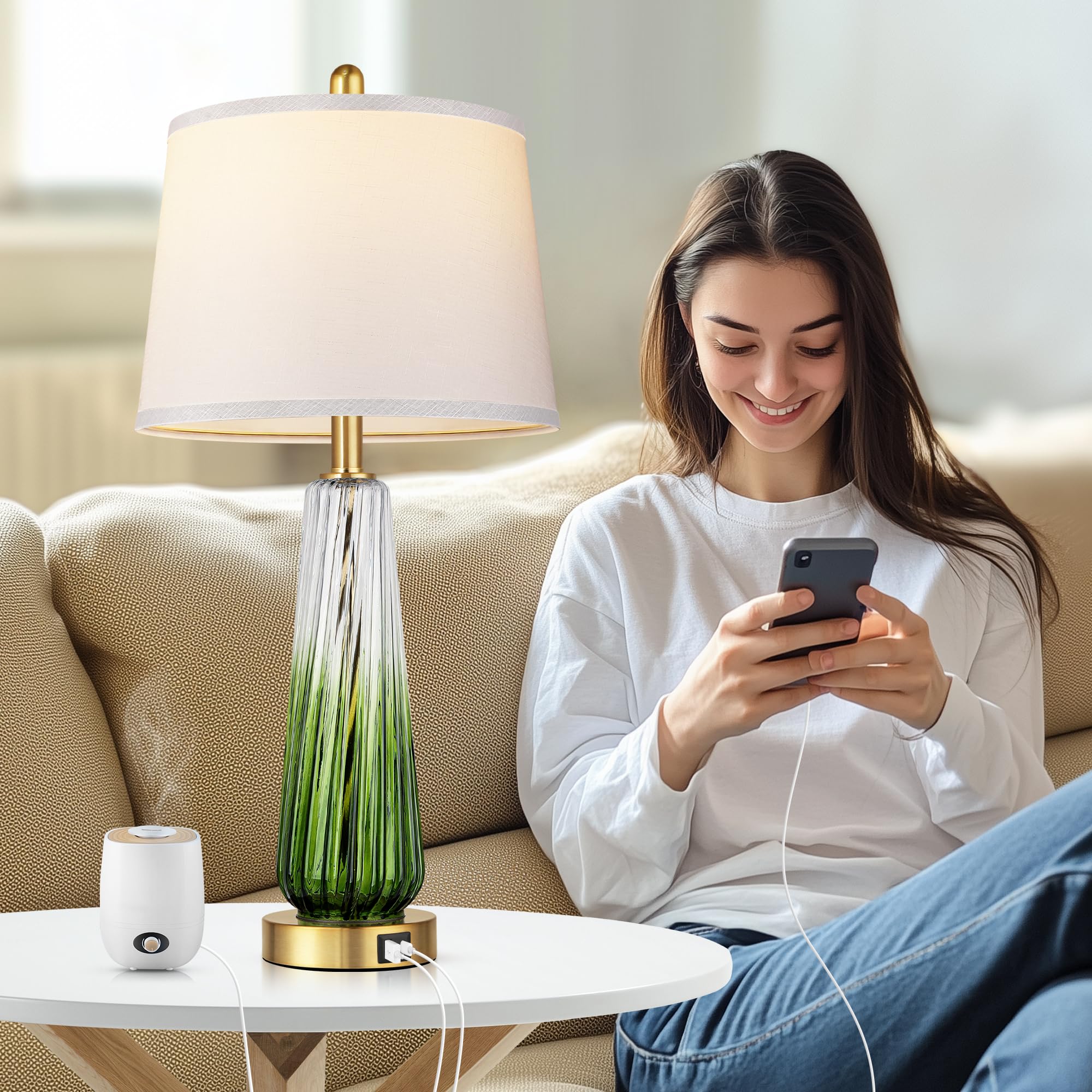 QiMH Glass Table Lamps Set of 2, 27.5" Modern Touch Control with USB Ports, Green Linen Shade, Ideal for Bedrooms and Living Room Decor