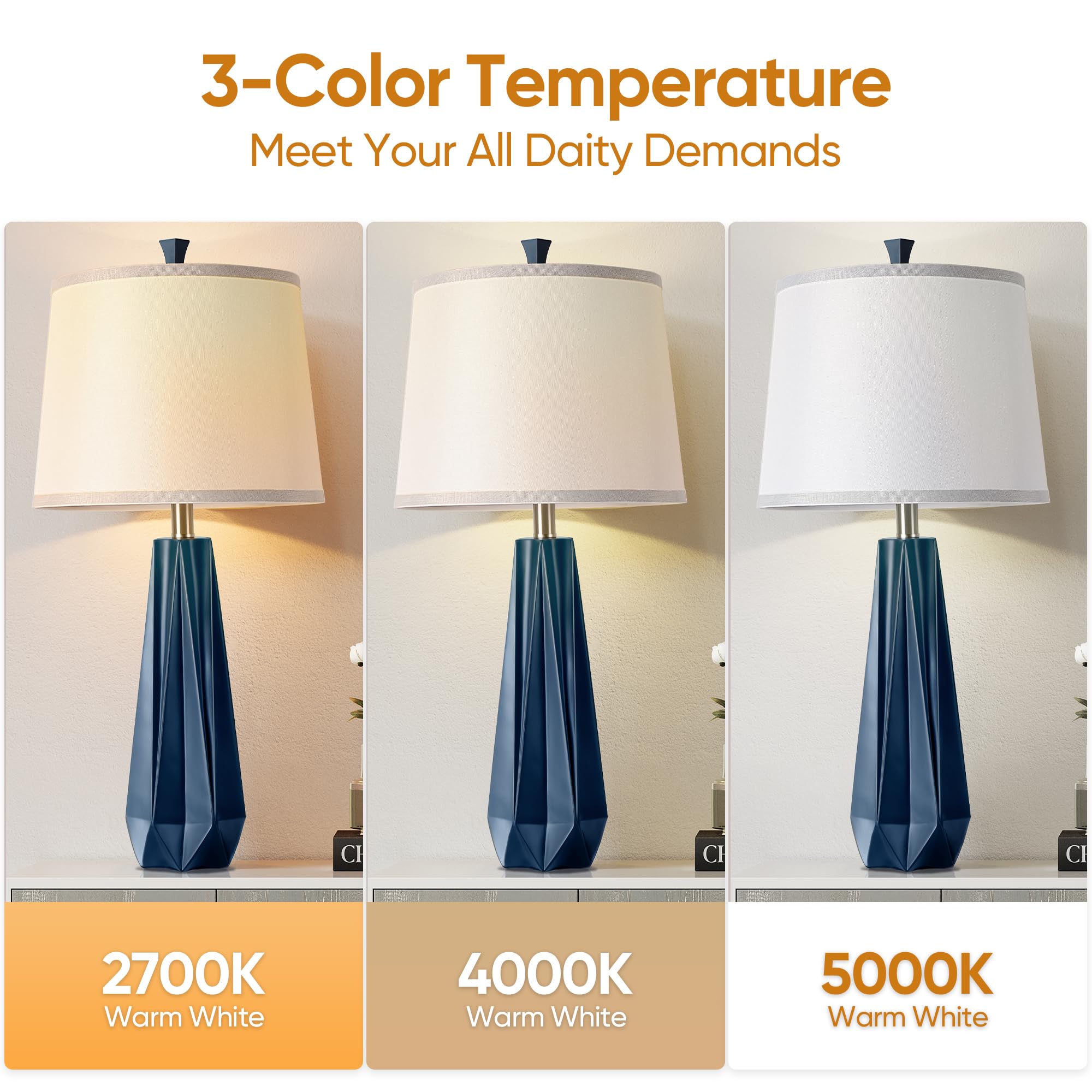 WIHTU 3-Color Temperature Table Lamps Set of 2, 27 Navy Blue Modern Resin Desk Lamps with Linen Shade for Living Room & Bedroom Decor