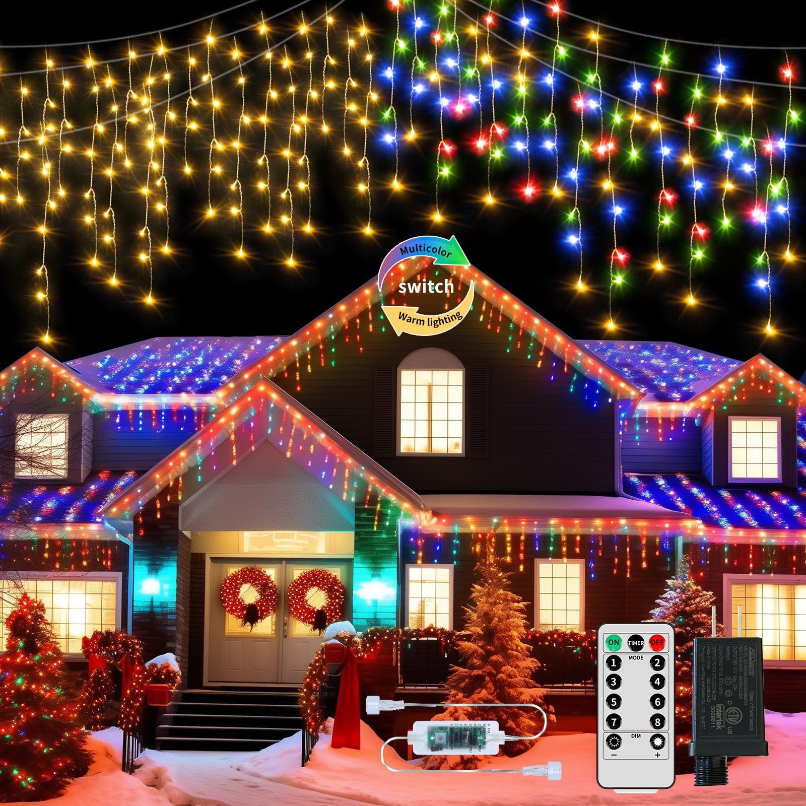 600 LED Christmas Icicle Lights Plug-in, 59ft + 16ft Multi Color Hang Icicle String Lights with Remote, 8 Modes Colorful Twinkle