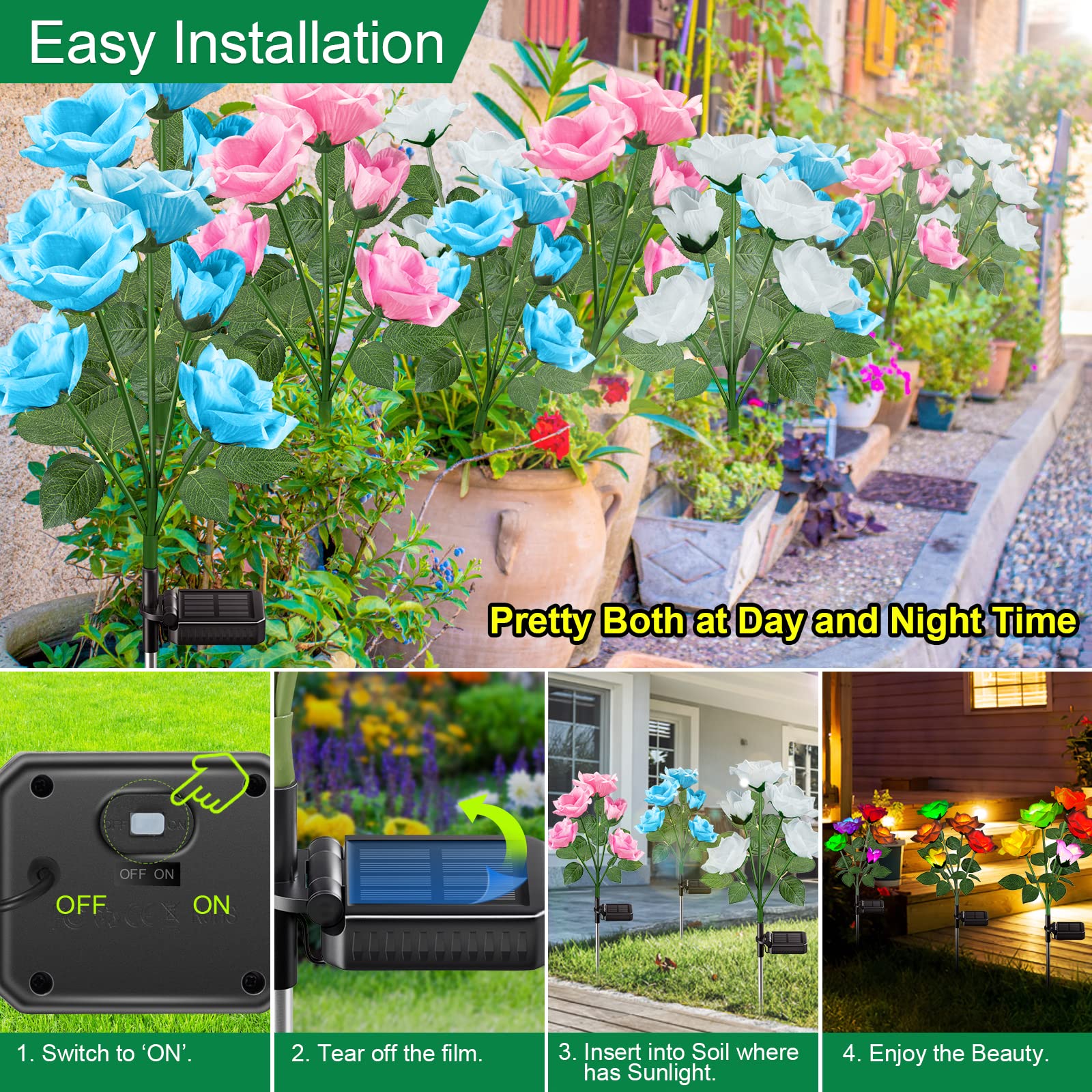 Garpar Solar Garden Lights 6 Pack - 2024 Upgraded Brighter Solar Outdoor Lights With 30 Beautiful & Realistic Rose Flowers - 7 Color Changing Waterproof Solar Flower Lights For Yard Garden Decor