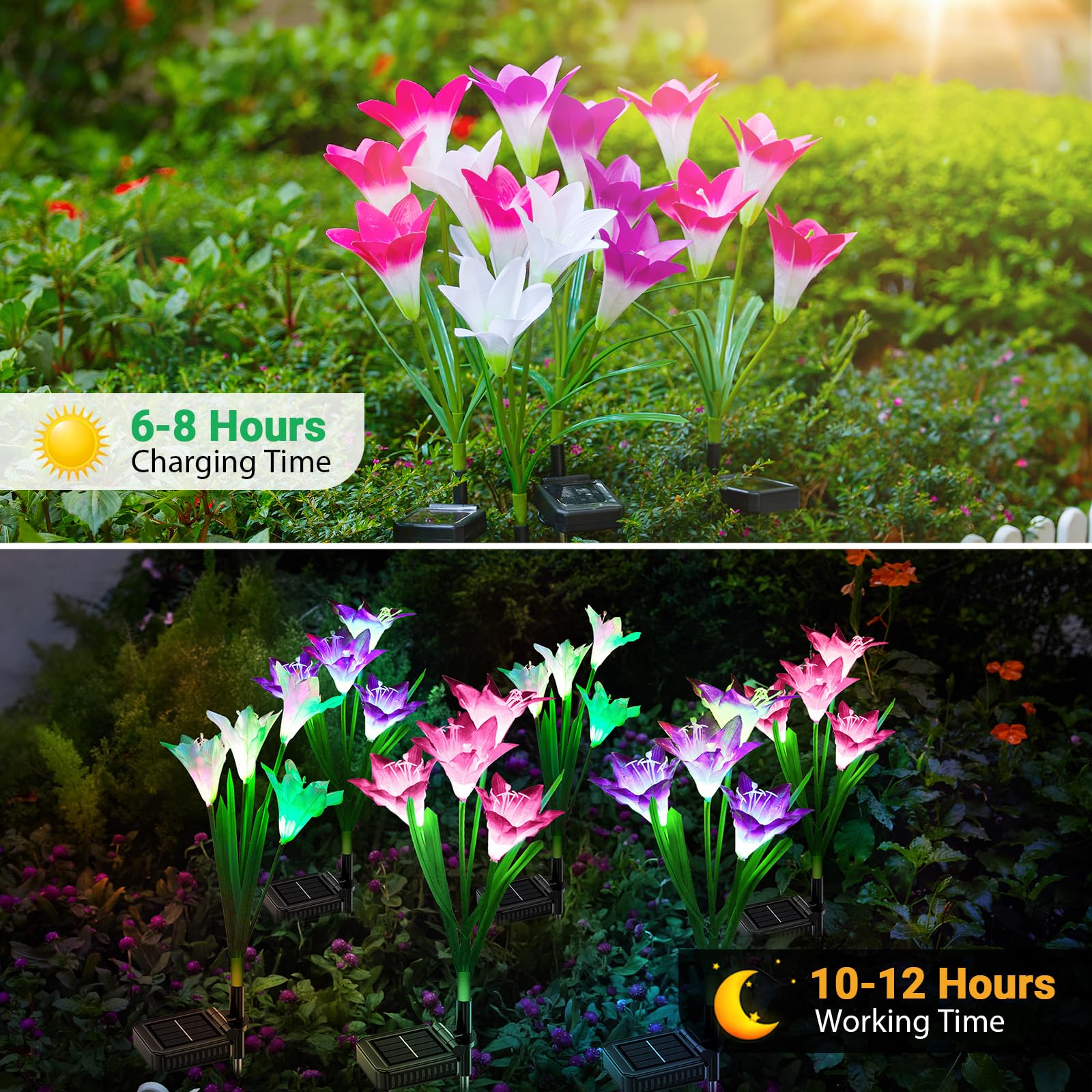 Wdtpro Solar Lights Outdoor Garden Decorative Flowers 6 Pack, Waterproof Solar Garden Lights With 24 Lily Flowers, Multi-Color C