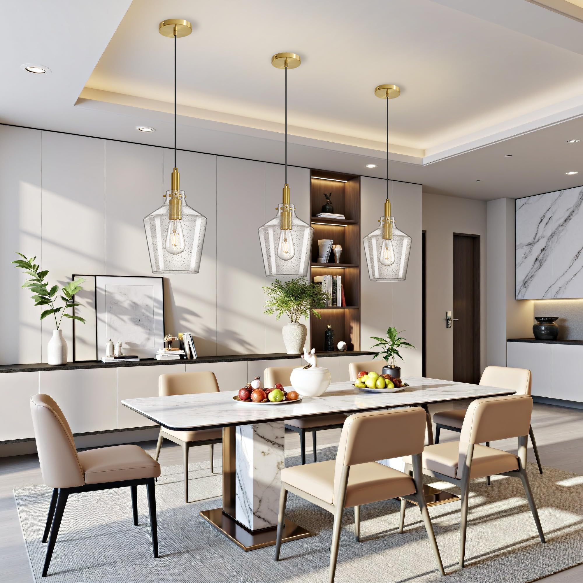 Vaziden Modern Seeded Glass Pendant Lighting For Kitchen Island 1 Pack  Farmhouse Gold Pendant Light Fixtures  Height Adjustable Ceiling Pendant Light  Angled Seeded Glass Shades 8 Inch