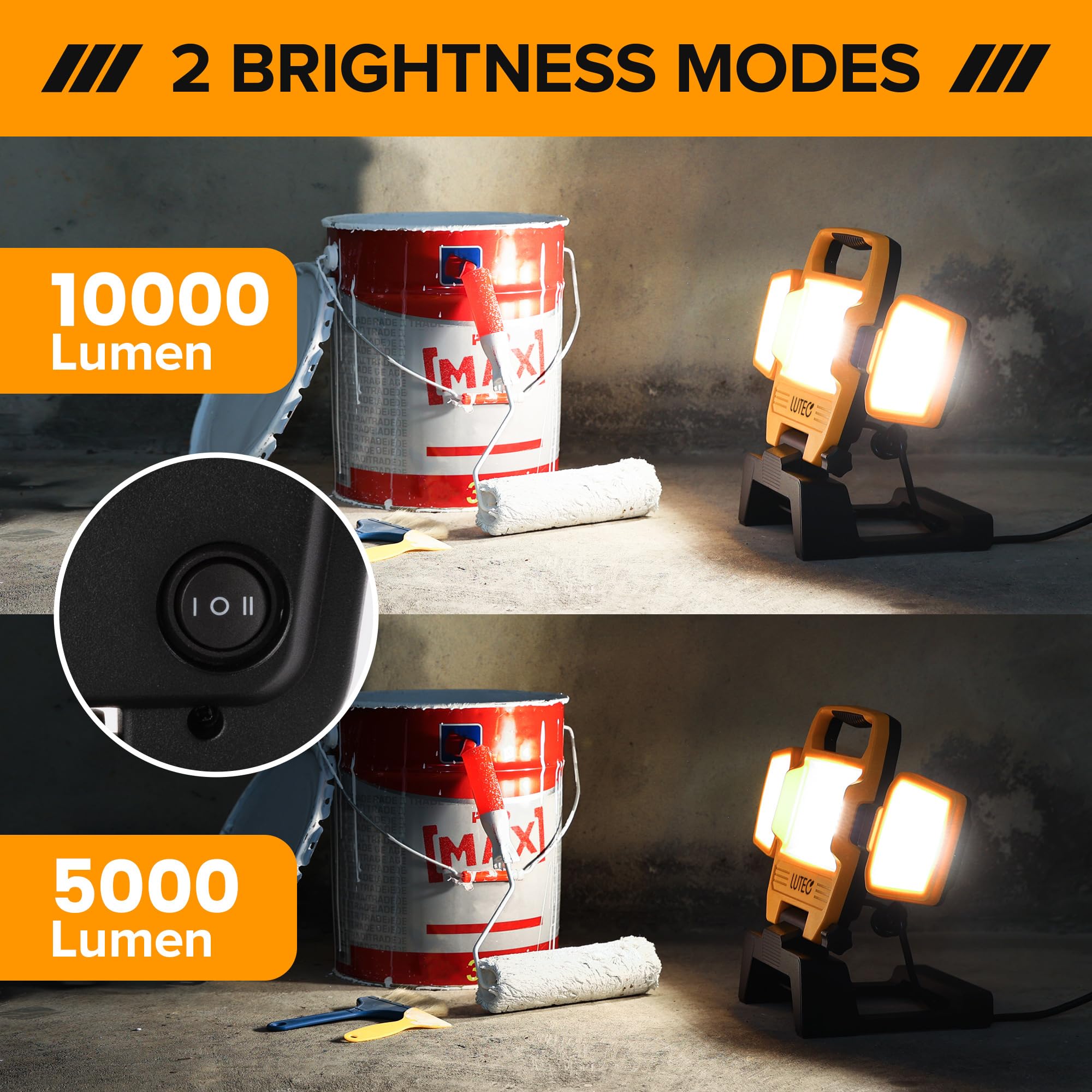 Lutec 91.6W 10000 Lumen Led Work Light, Foldable Work Lights With 3 Adjustable Head, Portable Corded Construction Lights Job Sit