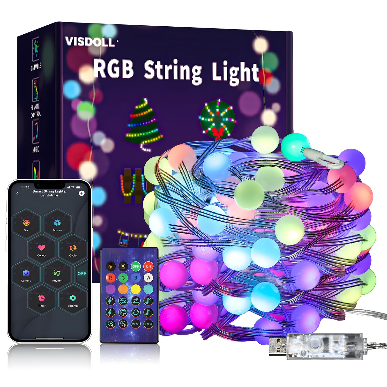 VISDOLL String Lights Indoor, RGB Smart Twinkle Light 32.8FT, 66 LEDs, Music Sync, RF Remote, USB Powered, Multicolor