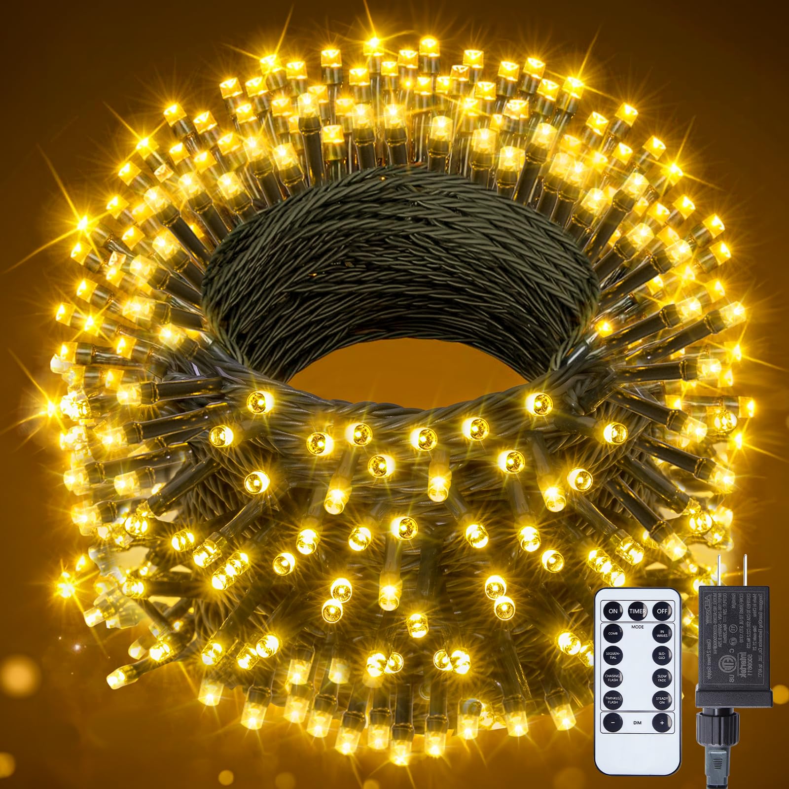 Minetom 66FT 200 LED Christmas Tree Lights, Warm White Twinkle Fairy String Lights, 8 Flashing Modes, Green Wire