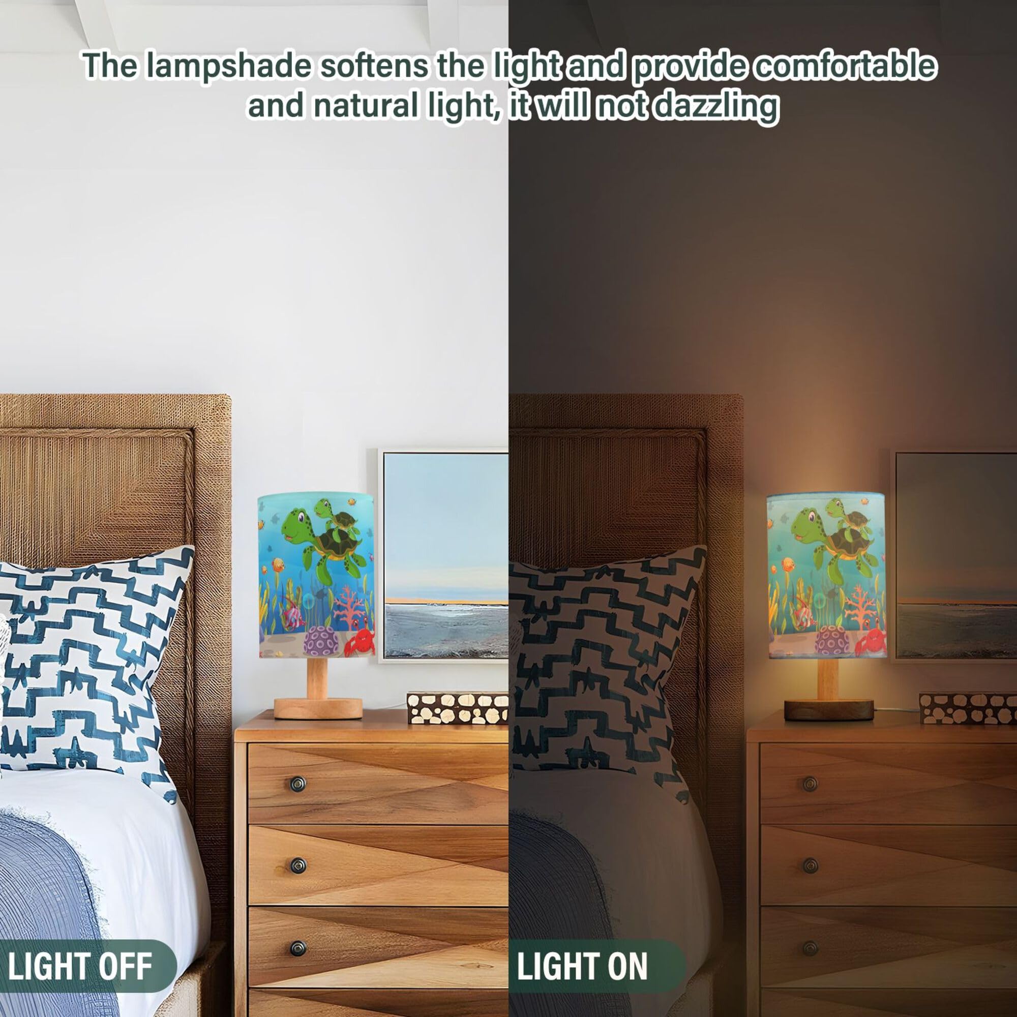 Yyzzh Table Lamp Colorful Underwater Sea Turtle Octopus Crab Fish Coral Aquatic Nightstand Lamp With Wood Base Fabric Lamp Shade