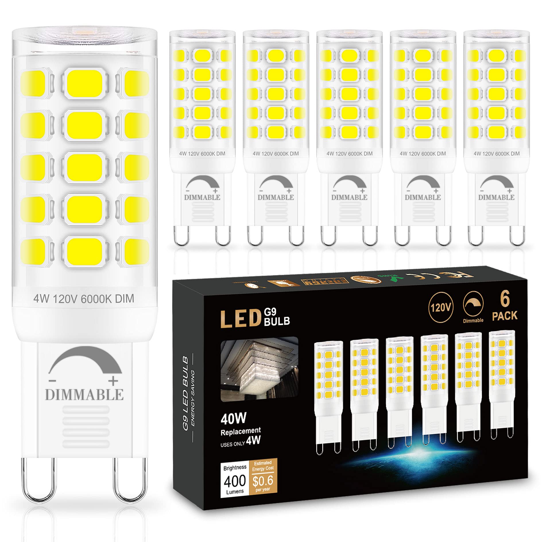 Sailstar 6 Pack G9 Led Bulb Dimmable 6000K Daylight, T4 4W G9 Replacement For 40 Watts Halogen, 400 Lumen, Ceramic Bi-Pin Base, 