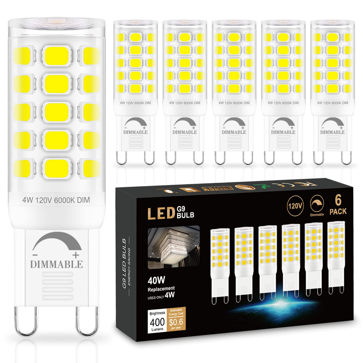 Sailstar 6 Pack G9 Led Bulb Dimmable 6000K Daylight, T4 4W G9 Replacement For 40 Watts Halogen, 400 Lumen, Ceramic Bi-Pin Base, 