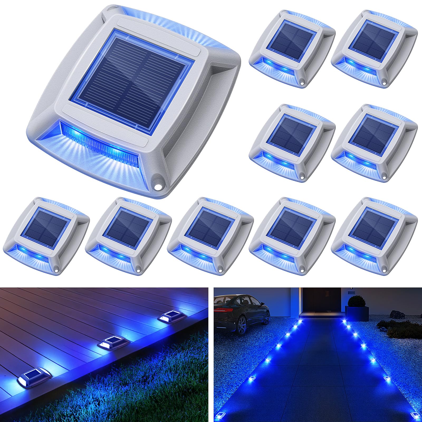 Etetale Solar Driveway Lights, IP68 Waterproof, 10 Pack, 4 LED Markers for Dock, Pathway, Garden, Blue, Model CRETDL030ASL-USAS2