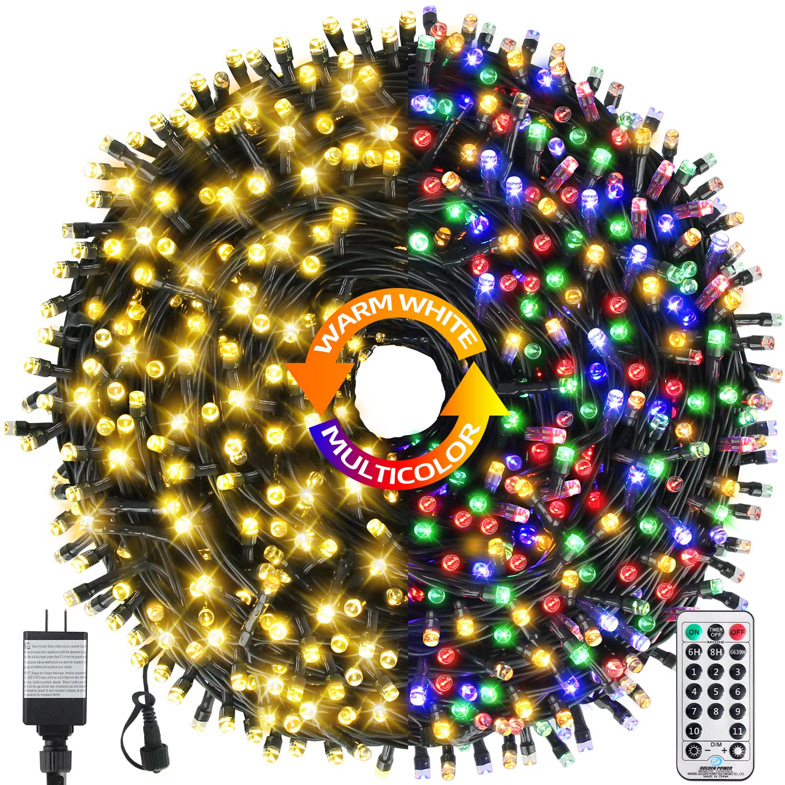 MZD8391 168FT 500 LED Christmas Lights Outdoor Indoor, Waterproof Color Changing Christmas Tree Lights for Christmas Decorations with Timer, Memory [11 Lighting Modes] (Warm White+Mulitcolor)