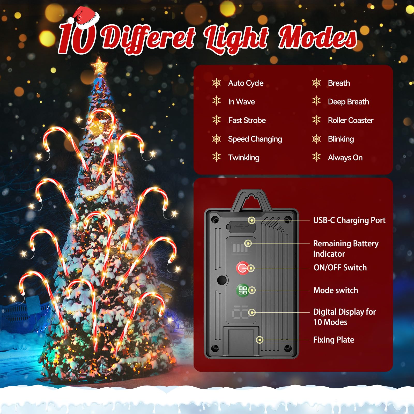 Ahaorigin Solar Candy Cane Lights, 12 Pack, 72 LED, Waterproof, Red and White, 10 Modes, Model SZ-C002