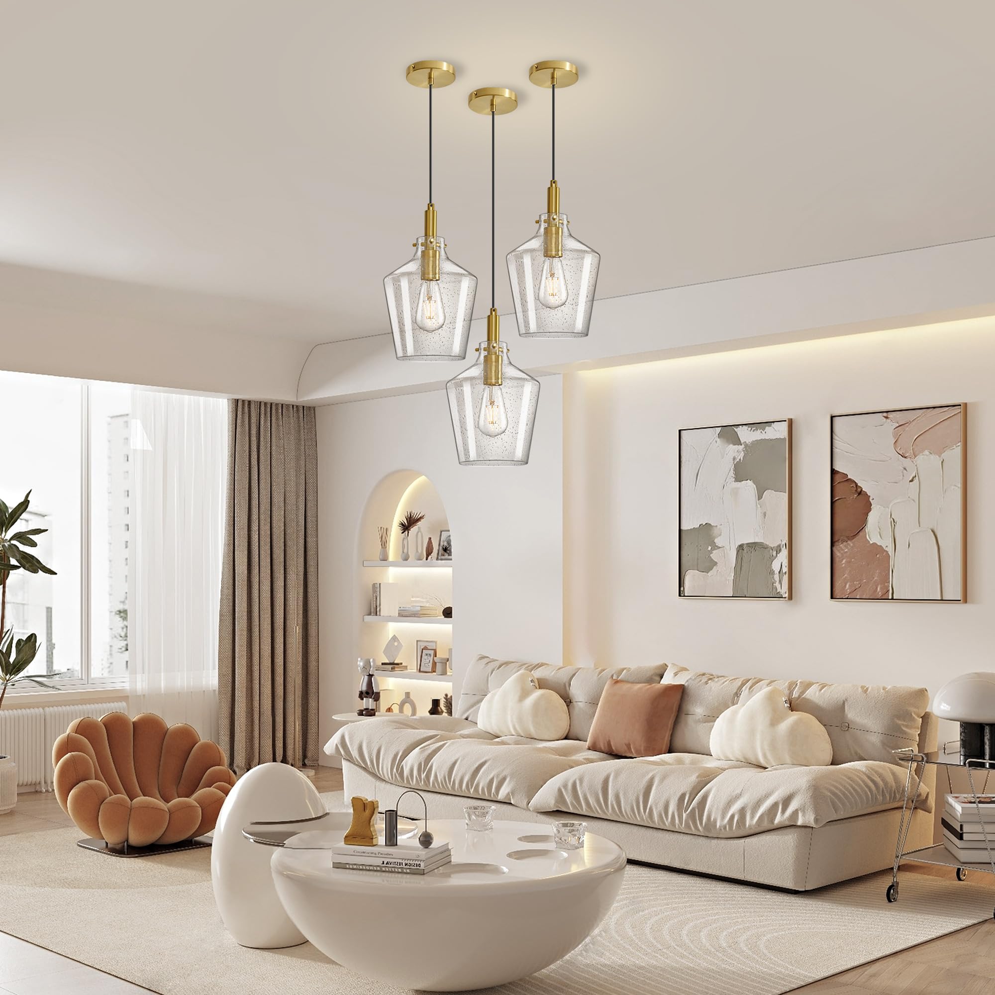 Vaziden Modern Seeded Glass Pendant Lighting For Kitchen Island 1 Pack  Farmhouse Gold Pendant Light Fixtures  Height Adjustable Ceiling Pendant Light  Angled Seeded Glass Shades 8 Inch