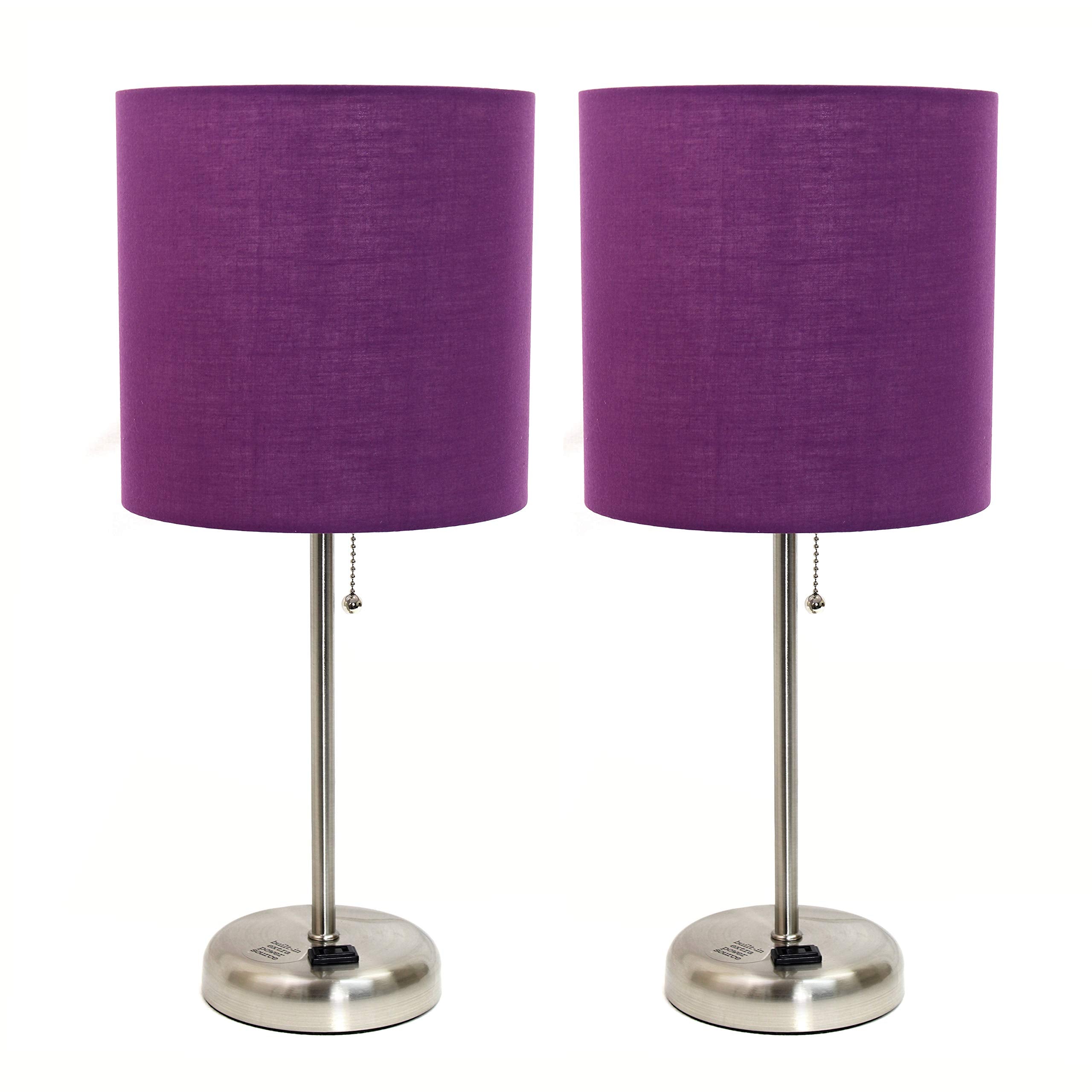 Simple Designs LC2001-PRP-2PK Brushed Steel Table Lamp Set with Purple Shades, 2 Pack