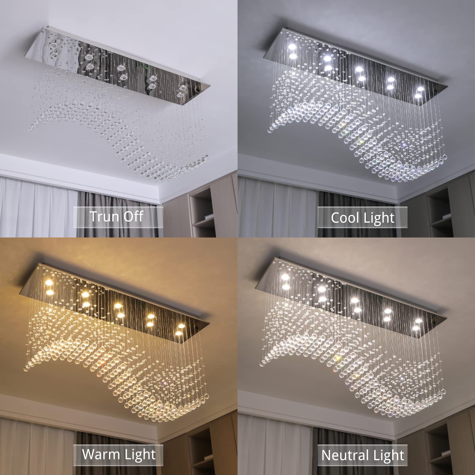 Siljoy Modern Crystal Chandelier 10-Light Rectangle Raindrop L47'' x W11.8'' Chrome Flush Mount Ceiling Light for Dining Room