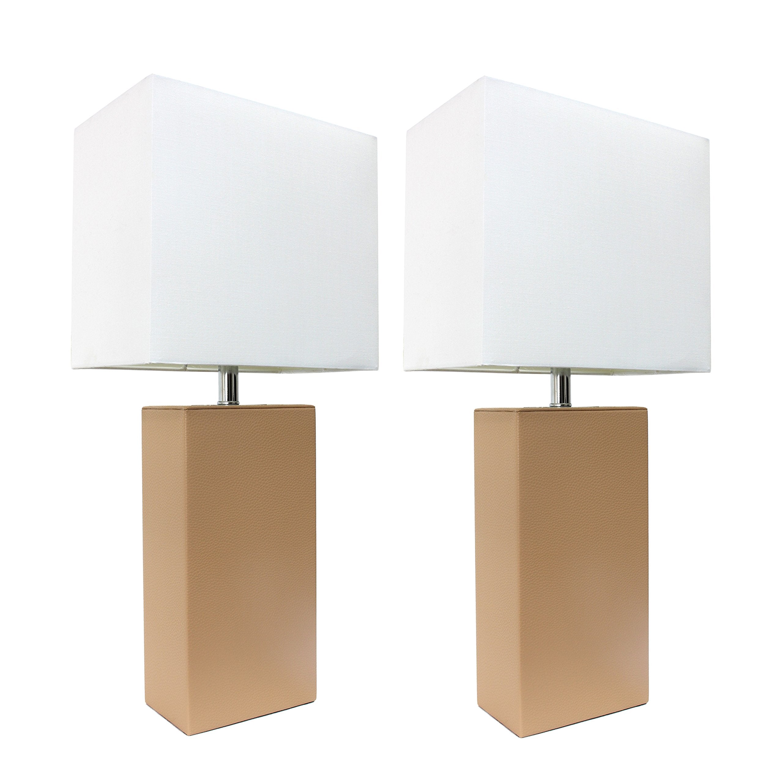 Elegant Designs Lc2000-Bge-2Pk 2 Pack Modern Leather Table Lamps With White Fabric Shades, Beige