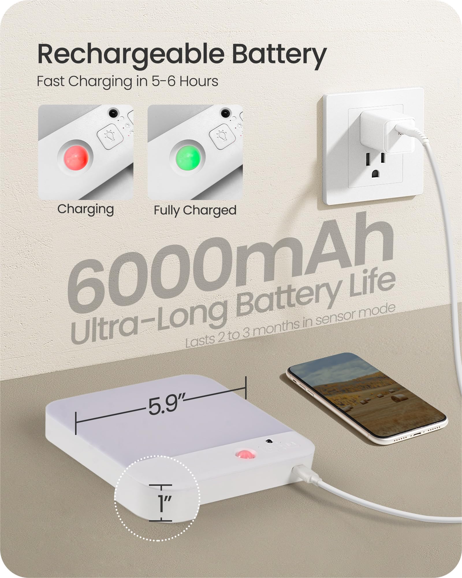 Rechargeable Motion Sensor Ceiling Light Wireless, Battery Operated Ceiling Light With Remote, No Wiring, Magnetic, 3 Colors, Di