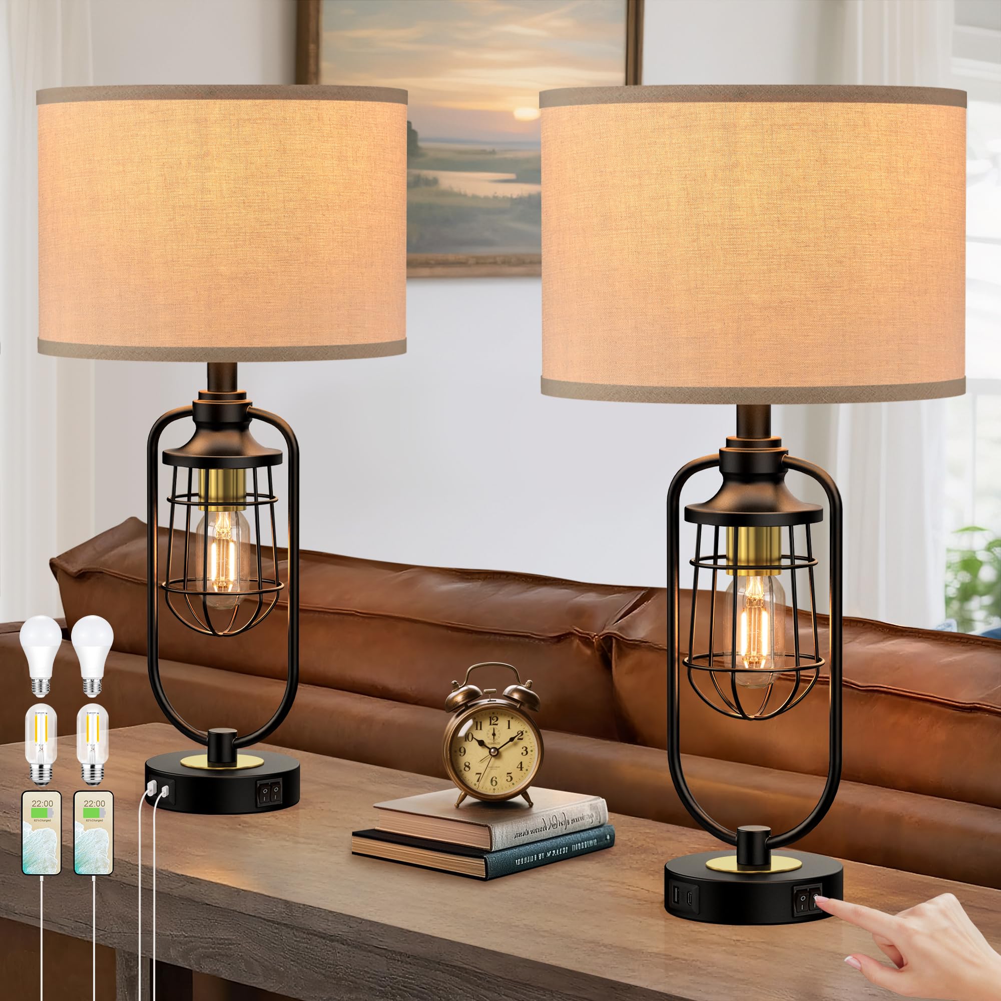 SRJJRS Table Lamps for Living Room Set of 2, Farmhouse Lamps for Night Stands, Industrial Bedside Lamps for Bedroom End Table wi