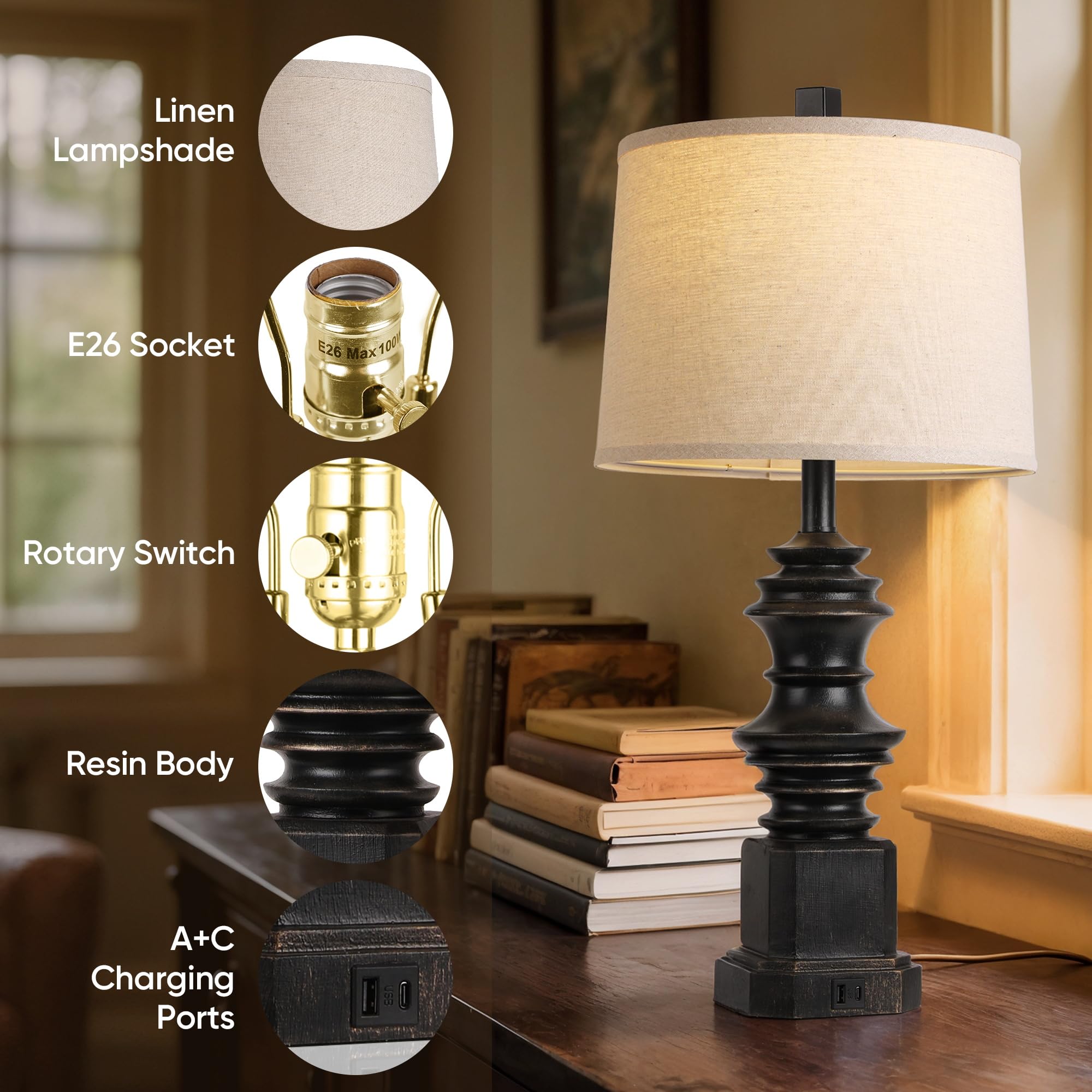 Qimh Table Lamps For Nightstand Set Of 2, Bedside Lamp With Usb A+C Charging Ports, Farmhouse Table Lamps With White Fabric Lamp