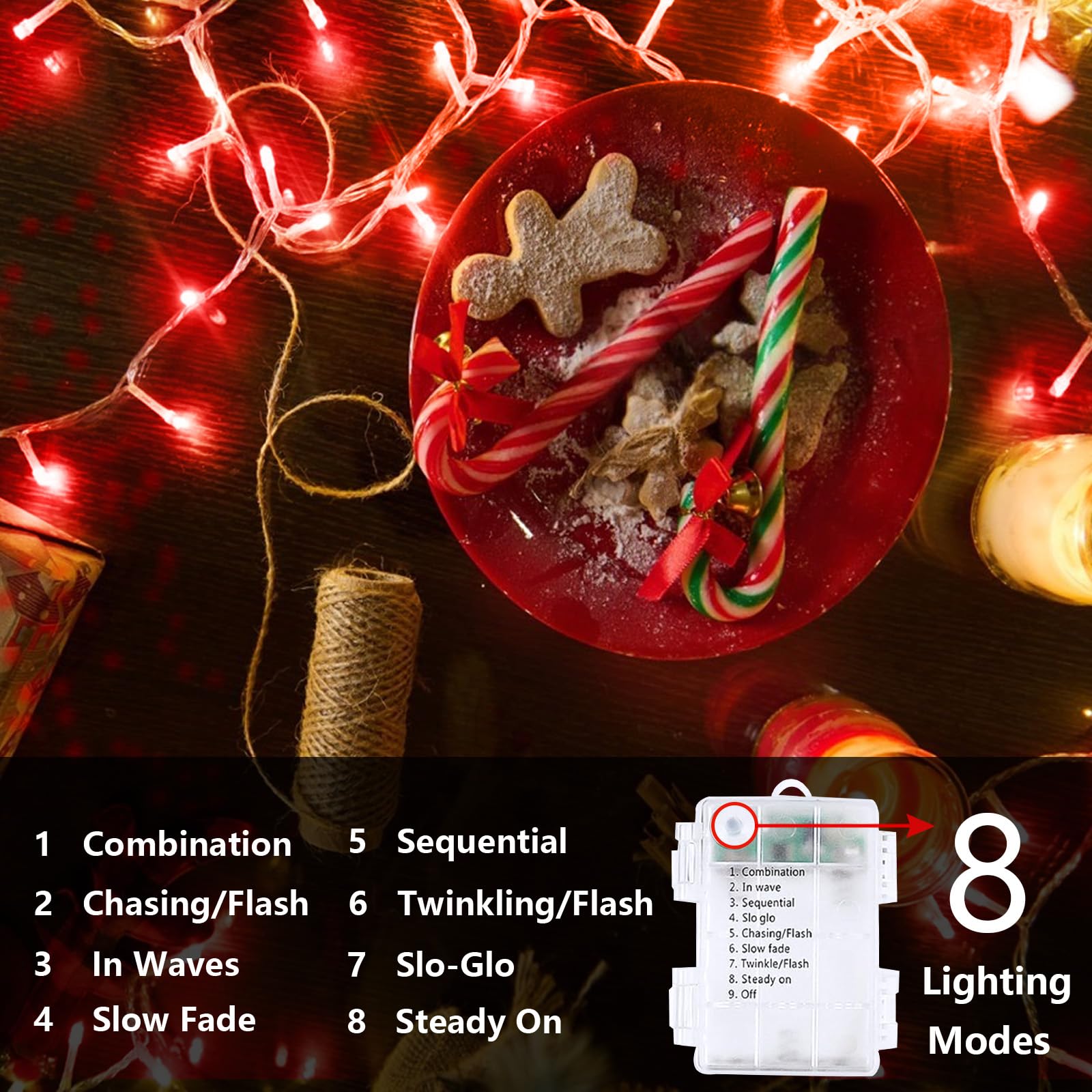 2 Pack Christmas String Lights Battery Operated With Timer  66Ft 200 Led Waterproof Twinkle Lights  8 Modes Fairy Light For Indoor And Outdoor Bedroom Garland Tree Christmas Decorations (Red)