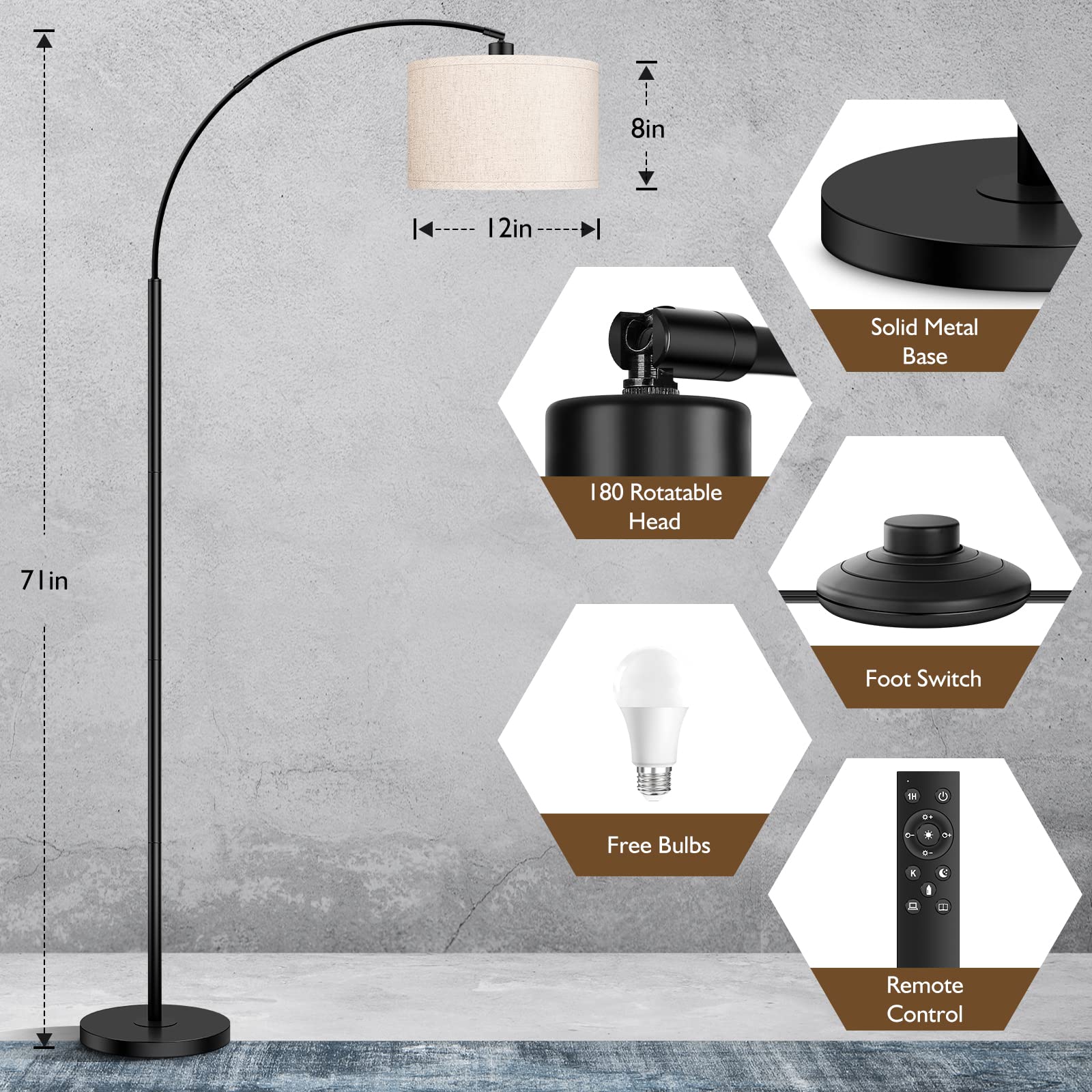 Arc Floor Lamps For Living Room, Modern Remote Control Standing Lamp With Stepless Dimmable, Black Tall Floor Lamp,Over Couch Ar